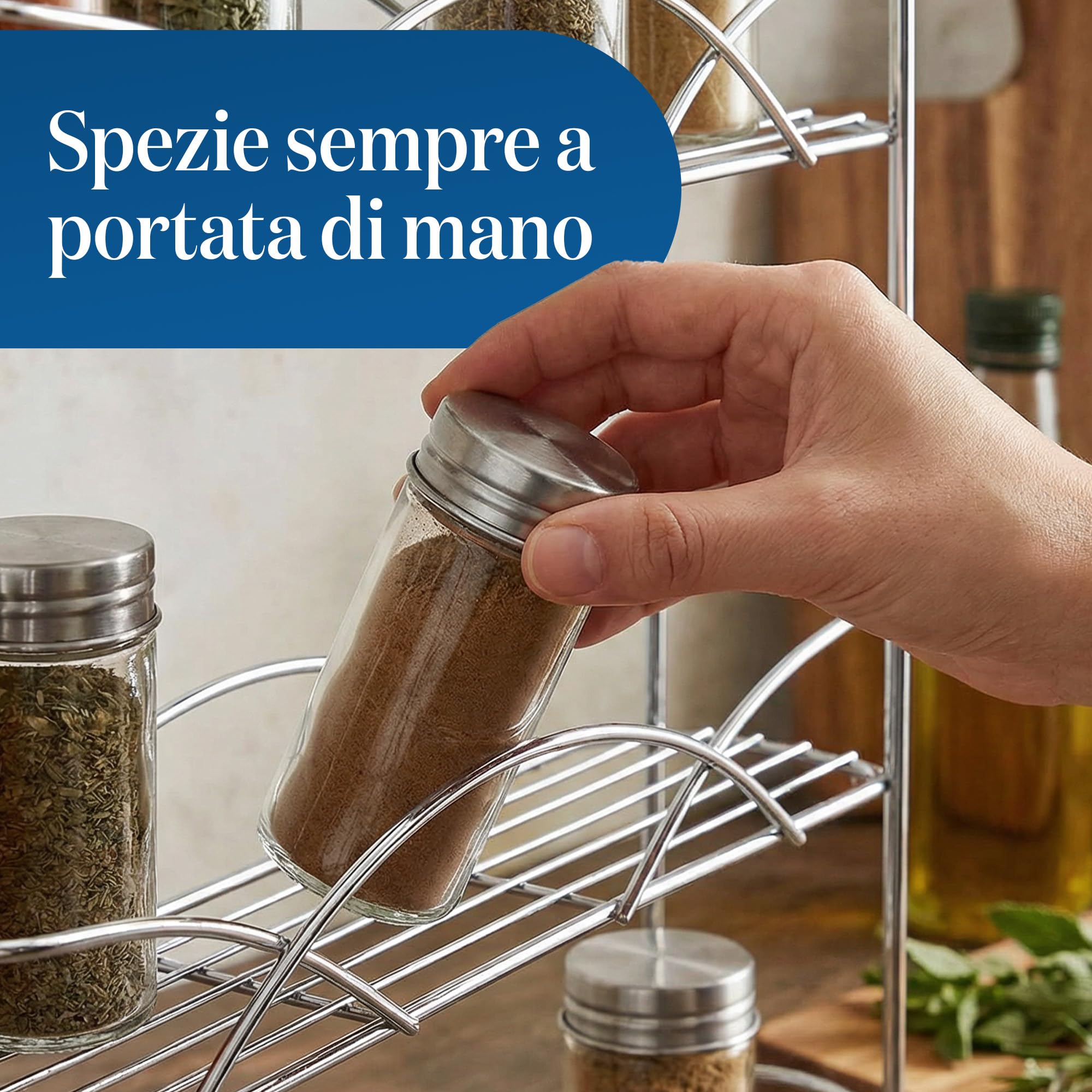 joeji's Kitchen Portaspezie a 3 Livelli - Portaspezie Da Appoggio Salvaspazio - Adattarsi a Vasetti Di Diverse Dimensioni - Adatto Per 18 Barattoli Di Spezie - Argento