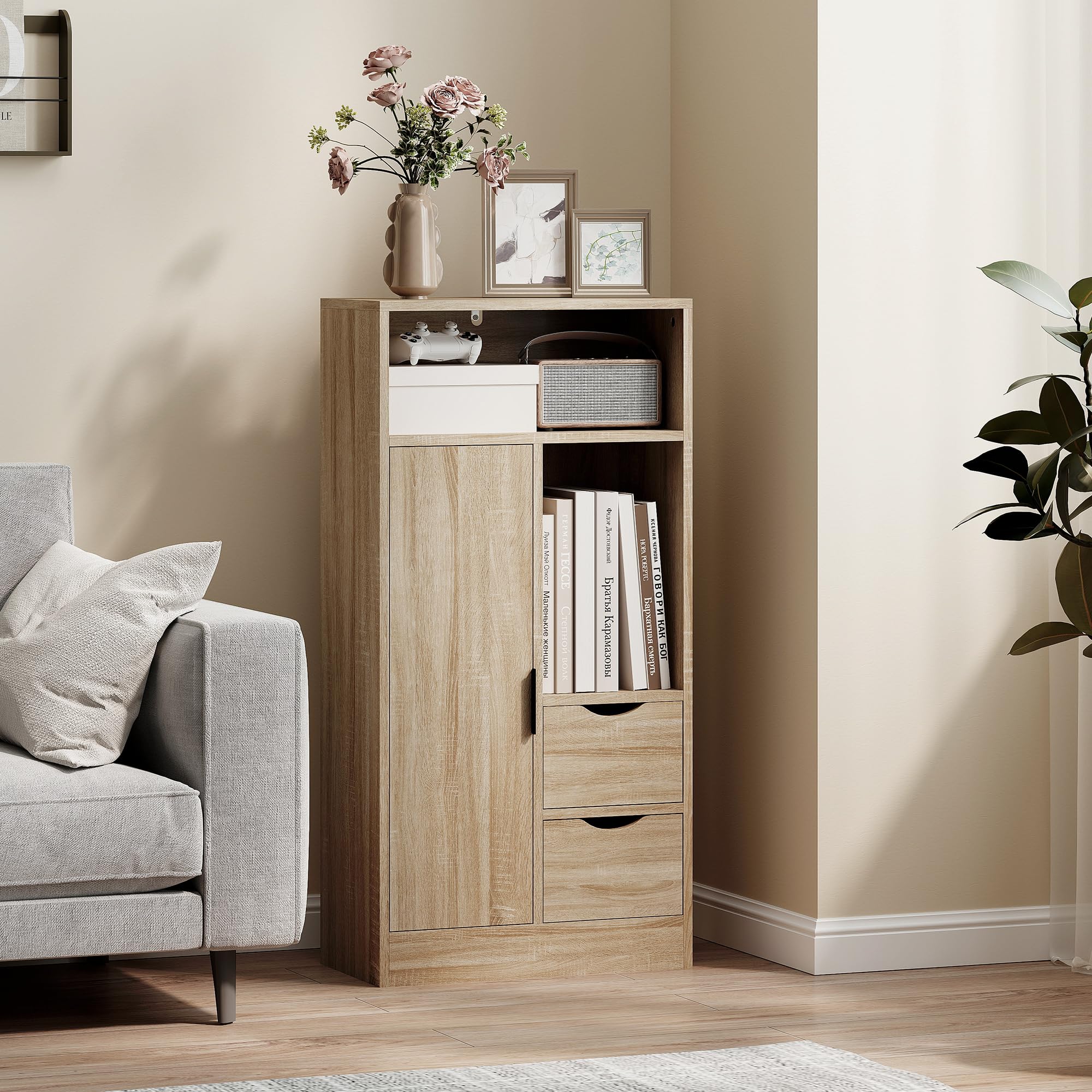 HOMCOM Mobiletto Bagno Salvaspazio Slim, Mobile Bagno con 2 Cassetti, Ripiani Regolabili a 3 Livelli e Armadietto, Stile Nordico, 50x25x100 cm, Legno Naturale