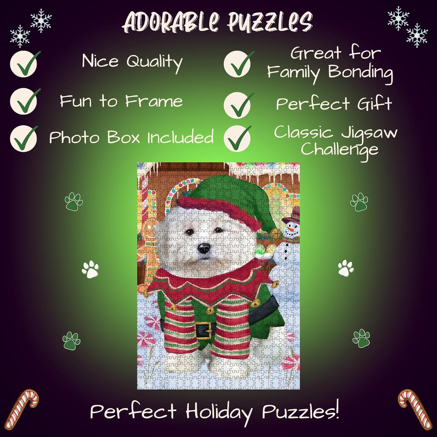 Christmas Gingerbread Elf Coton De Tulear Dog Jigsaw Puzzle for Adults - Animal Printed Interlocking Puzzle Game Artwork - Gift for Dog Lover's- 500 Pcs 14"x20"