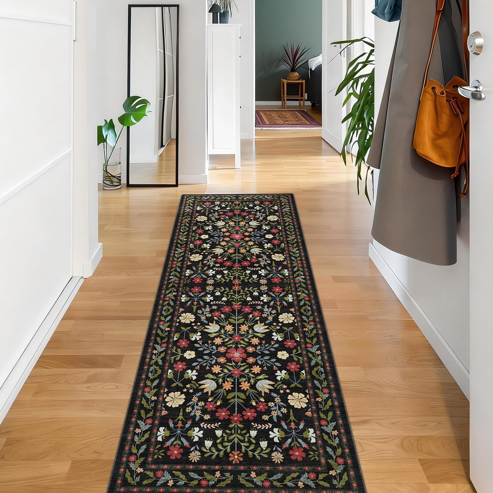 BYBSRLL Rugs Living Room 60x180cm, Vintage Floral Rug, Washable Rug & Non-Slip Low Pile Carpet, Soft Boho Large Rugs, Garden Runner Rug for Bedroom, Kitchen, Entryway, Hallway, Dinning Room, Black — image 1