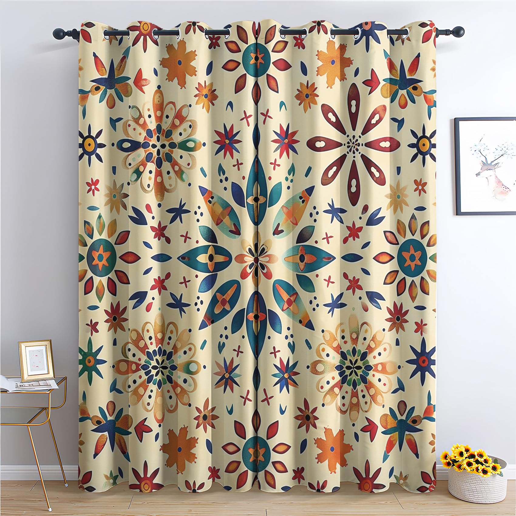 Rideau Occultant Floral Boho, Rideaux Motif Fleurs Bohème Chic, Rideau Thermique Isolant Draperies Intérieurs à Oeillets pour Chambre Salon Fenetre, Lot de 2, 140x180 cm