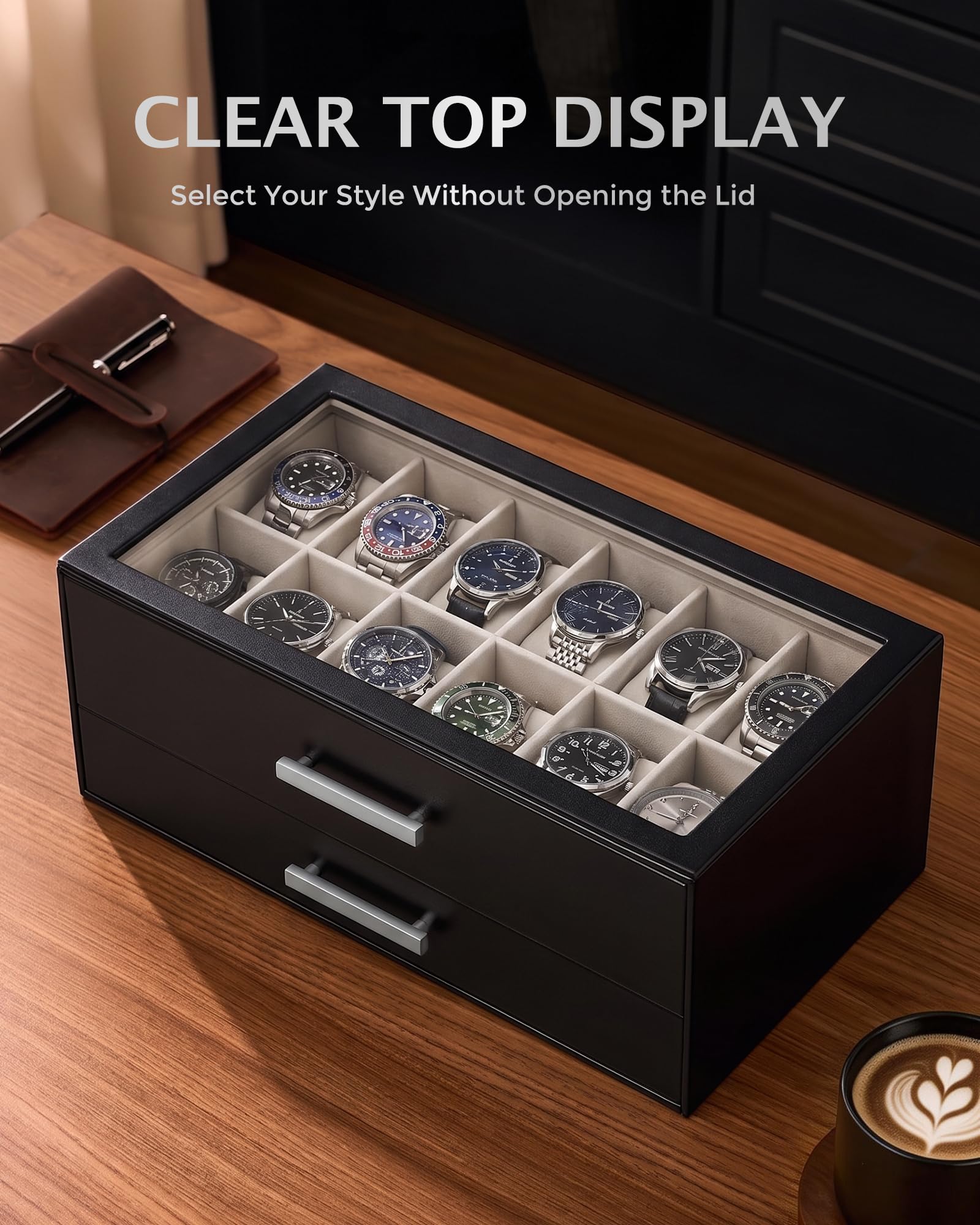 ProCase Coffret Montres 14 Emplacements avec Tiroirs Coulissants Superposés, Boîte à Montres avec Couvercle Transparent, Rangement Élégant pour Montres et Accessoires -Noir