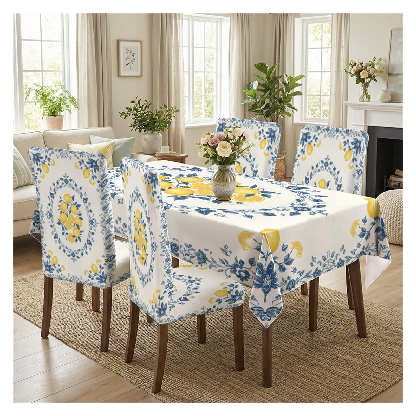 BOSUYBN Elegant Lemon Floral Dining Set Covers, 5/7 Piece Tablecloth With Matching Chair Slipcovers For A Bright, Refreshing Dining Space Table Setting(5pcs Set: Tablecloth+Chair Covers)