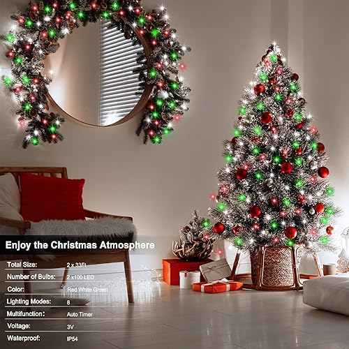 Miniatura 2 de echosari Paquete de 2 guirnaldas de luces de Navidad rojas, blancas y verdes, funciona con pilas, 200 luces LED de 66 pies de alambre plateado con