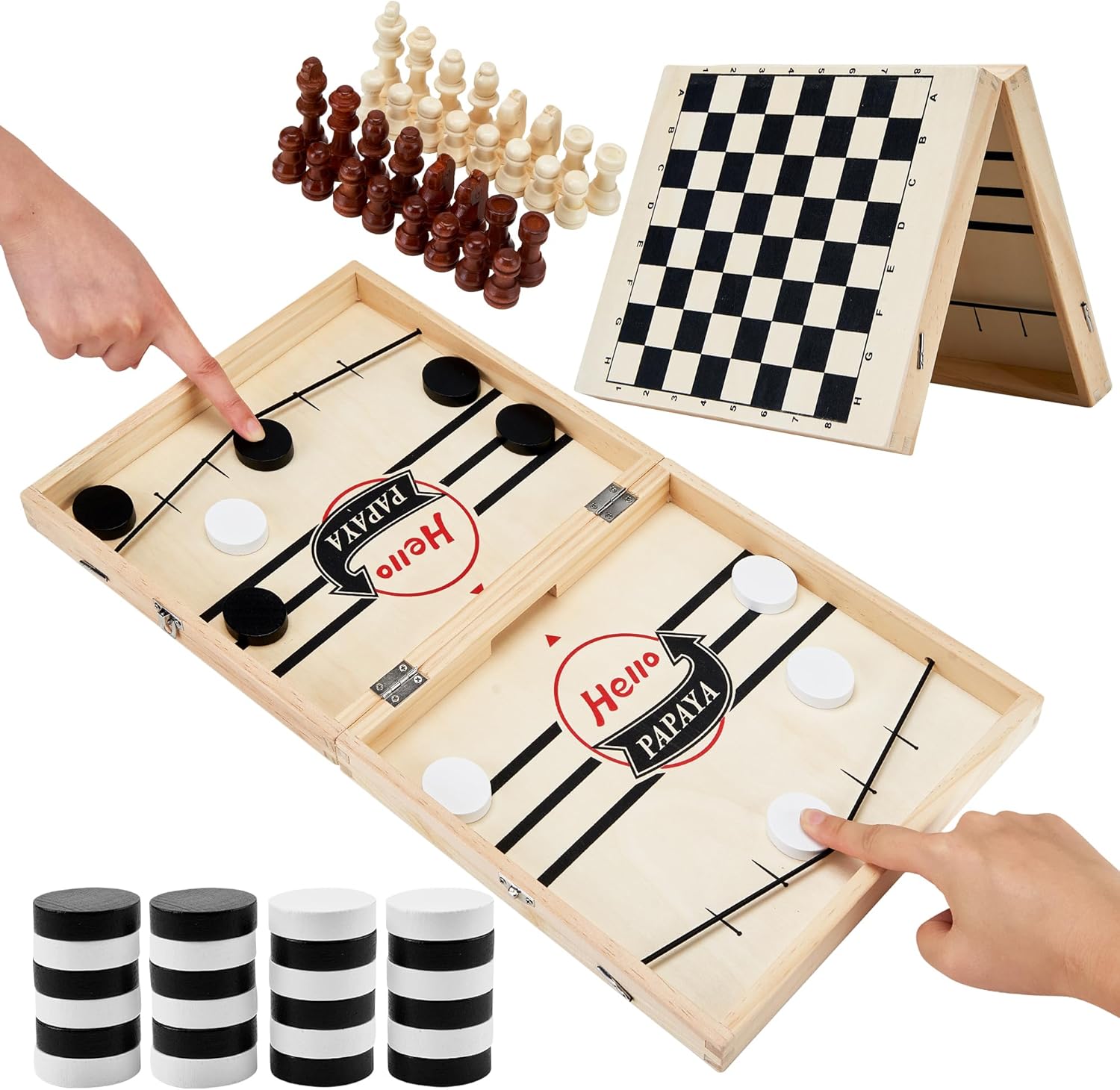 Foldable Fast Sling Puck Game with Chess Board and Checkers Board, Tic Tac Toe. Wooden Air Hockey Family Night,Table Games Gifts for Adults and Kids Large
