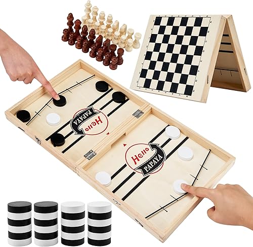Juego de disco plegable rápido con tablero de ajedrez y tablero de damas, Tic Tac Toe. Noche familiar de hockey aéreo de madera, juegos de mesa,