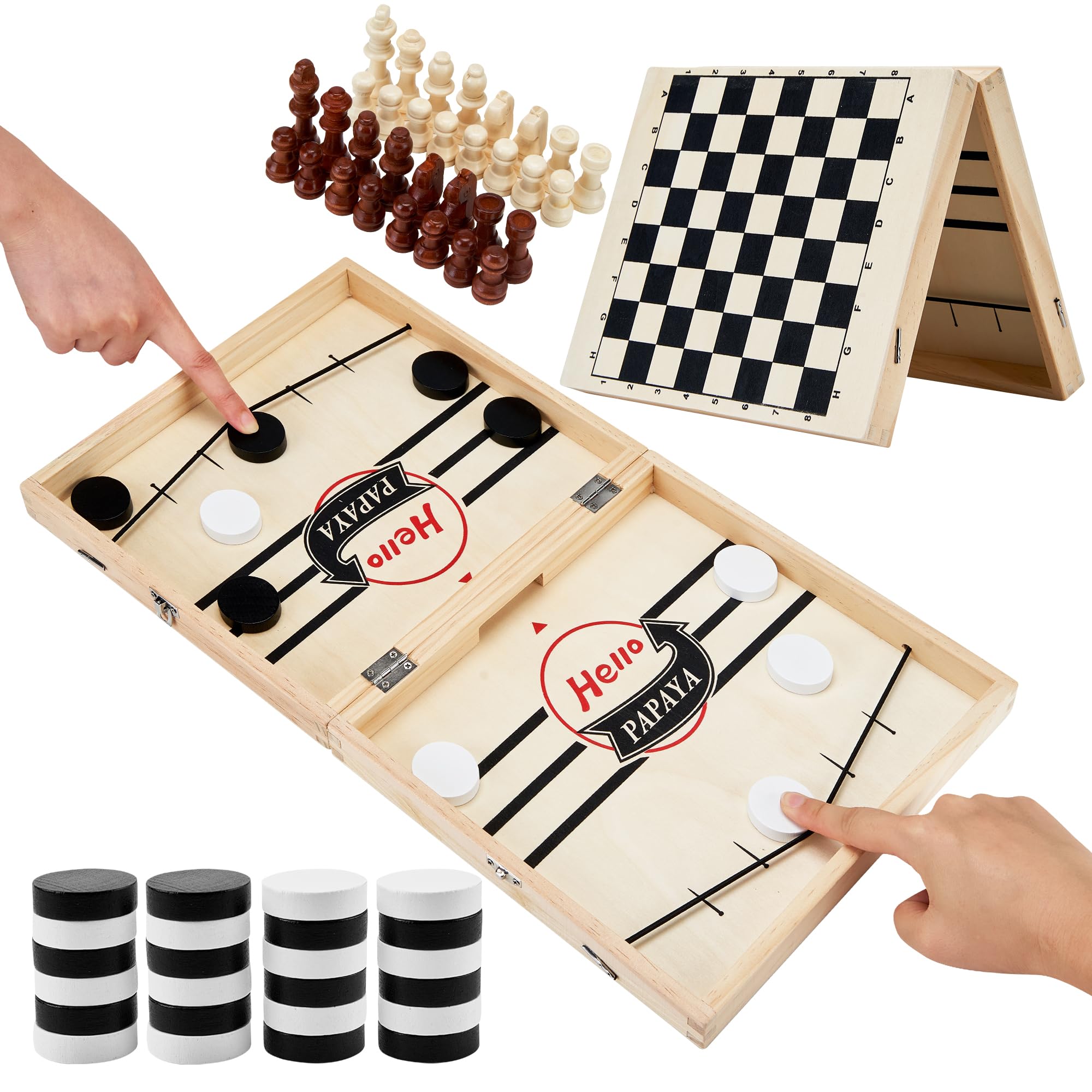 Foldable Fast Sling Puck Game with Chess Board and Checkers Board, Tic Tac Toe. Wooden Air Hockey Family Night,Table Games Gifts for Adults and Kids