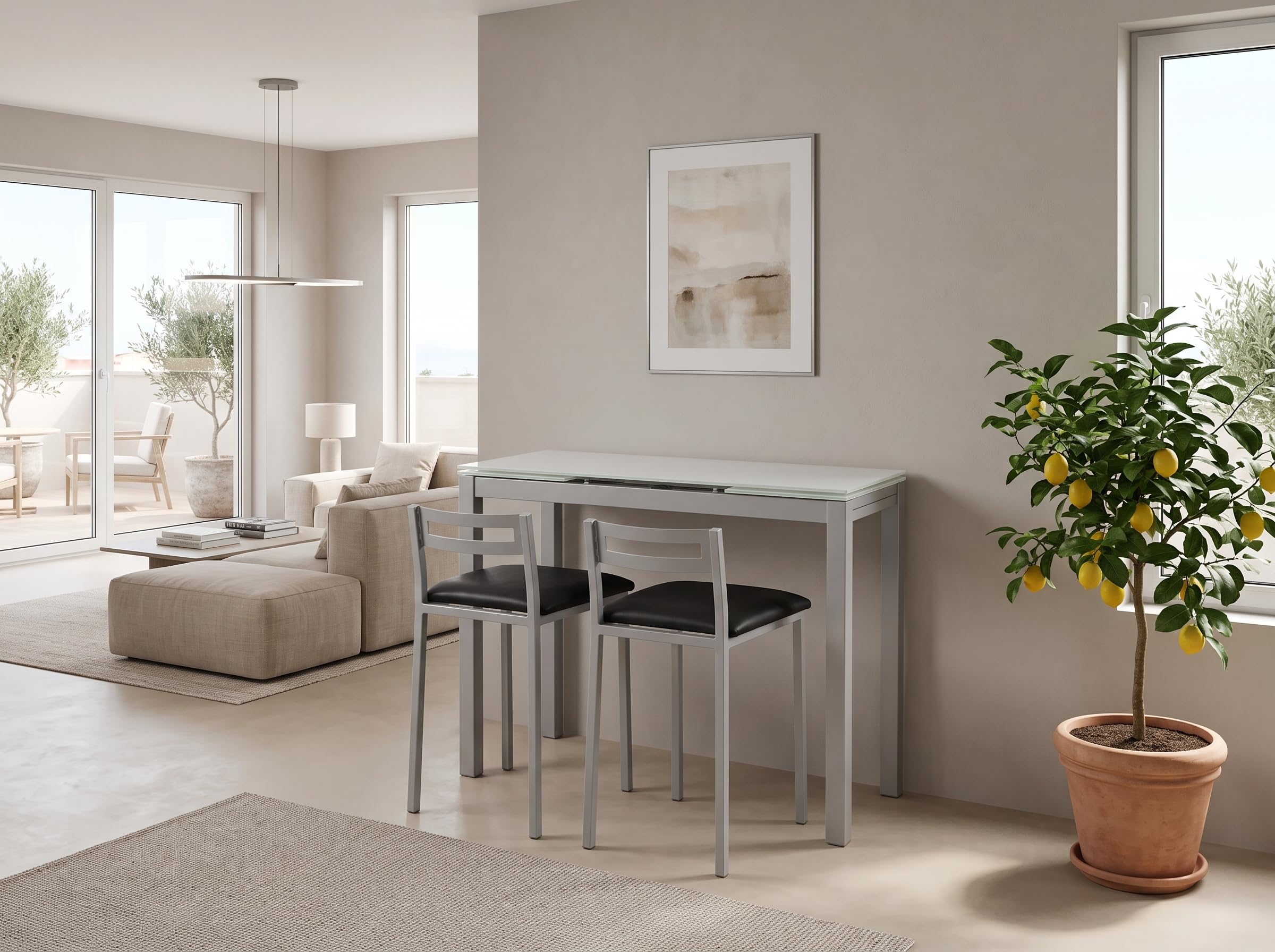 MOMMA HOME Mesa Cocina Cristal Extensible - Mesa Comedor, Mesa Plegable, Color Blanco/Plata, Novi, Vidrio Templado/Metal, Medidas 85/130x40x76 cm