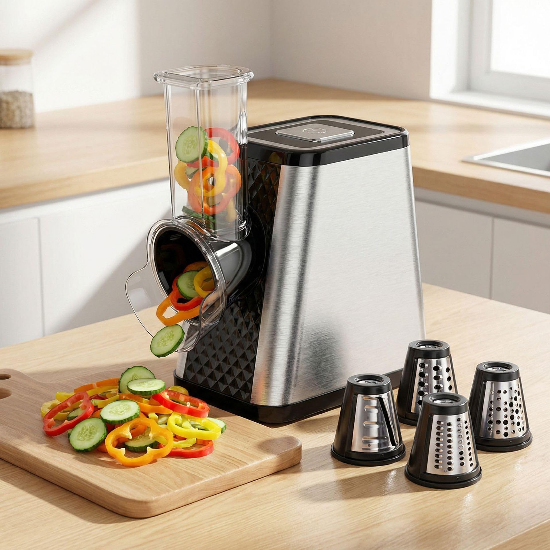 Procesador de Alimentos Eléctrico 5 en 1 - Multifuncional para Verduras, Frutas, Queso y Frutos Secos - Motor Potente de 800W, Cuchillas de Acero Inoxidable para Cortar, Rallar, Moler y Picar