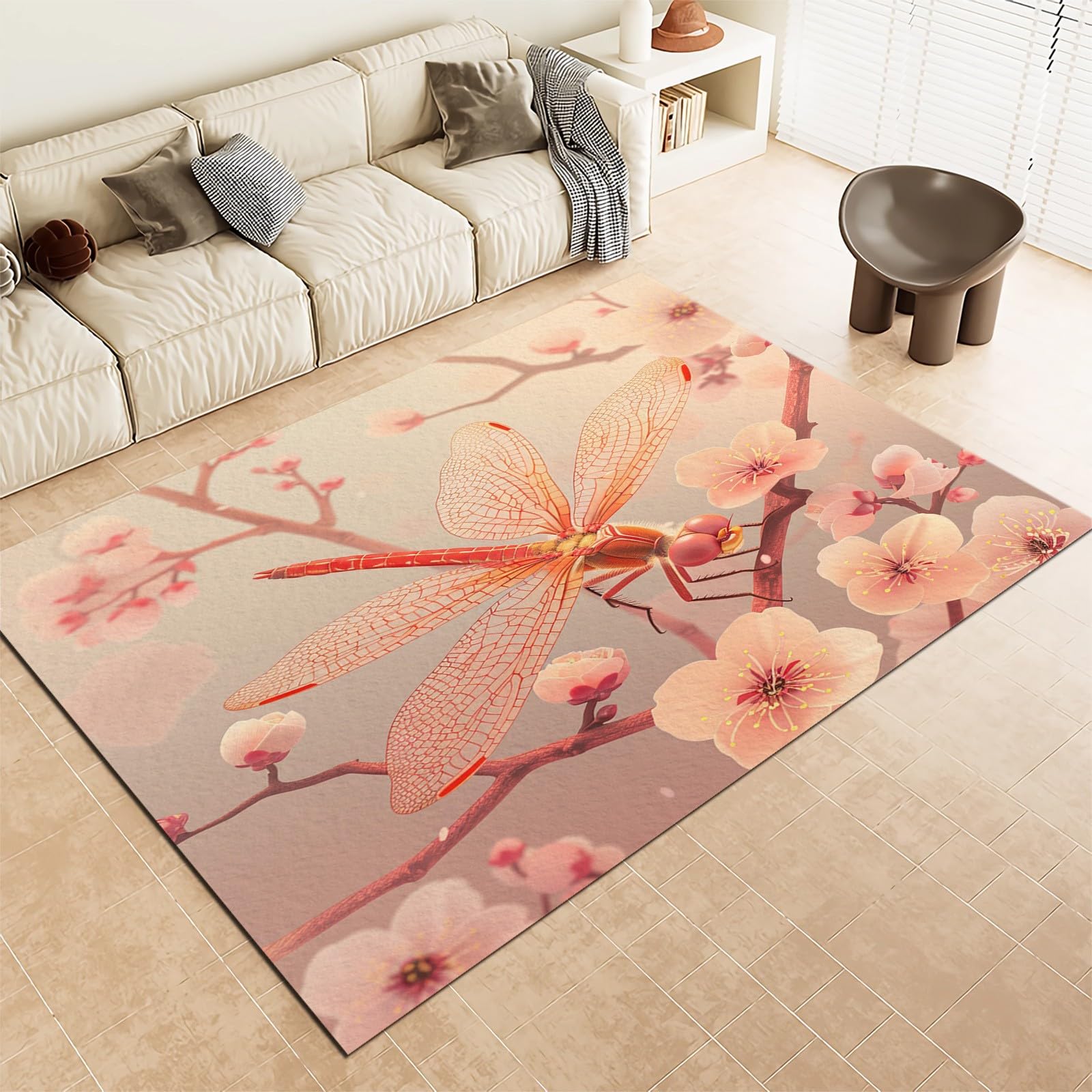 Rugs for Bedroom Sakura Dragonfly Washable Rug 3D Visual Optical Floor Mat for Kids Room Living Room Home Decor Non-Slip Area Rug 4x6