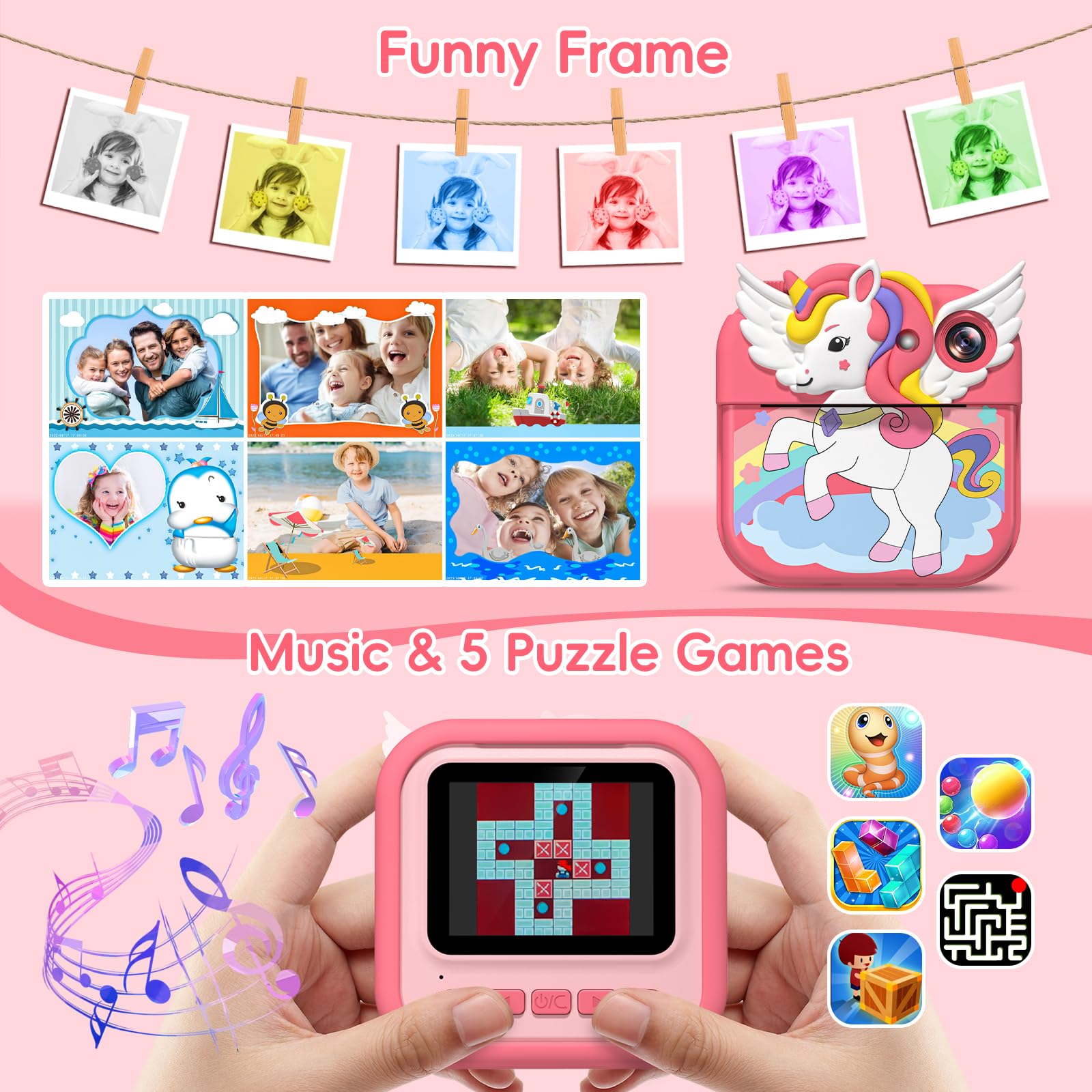 Gofunly Macchina Fotografica Bambini Istantanea, 2.4 Pollici Fotocamera Istantanea Bambini con 32GB Scheda, 12MP/1080P Fotocamera per Bambino, Regalo di Compleanno per Bambini dai 3-12 Anni
