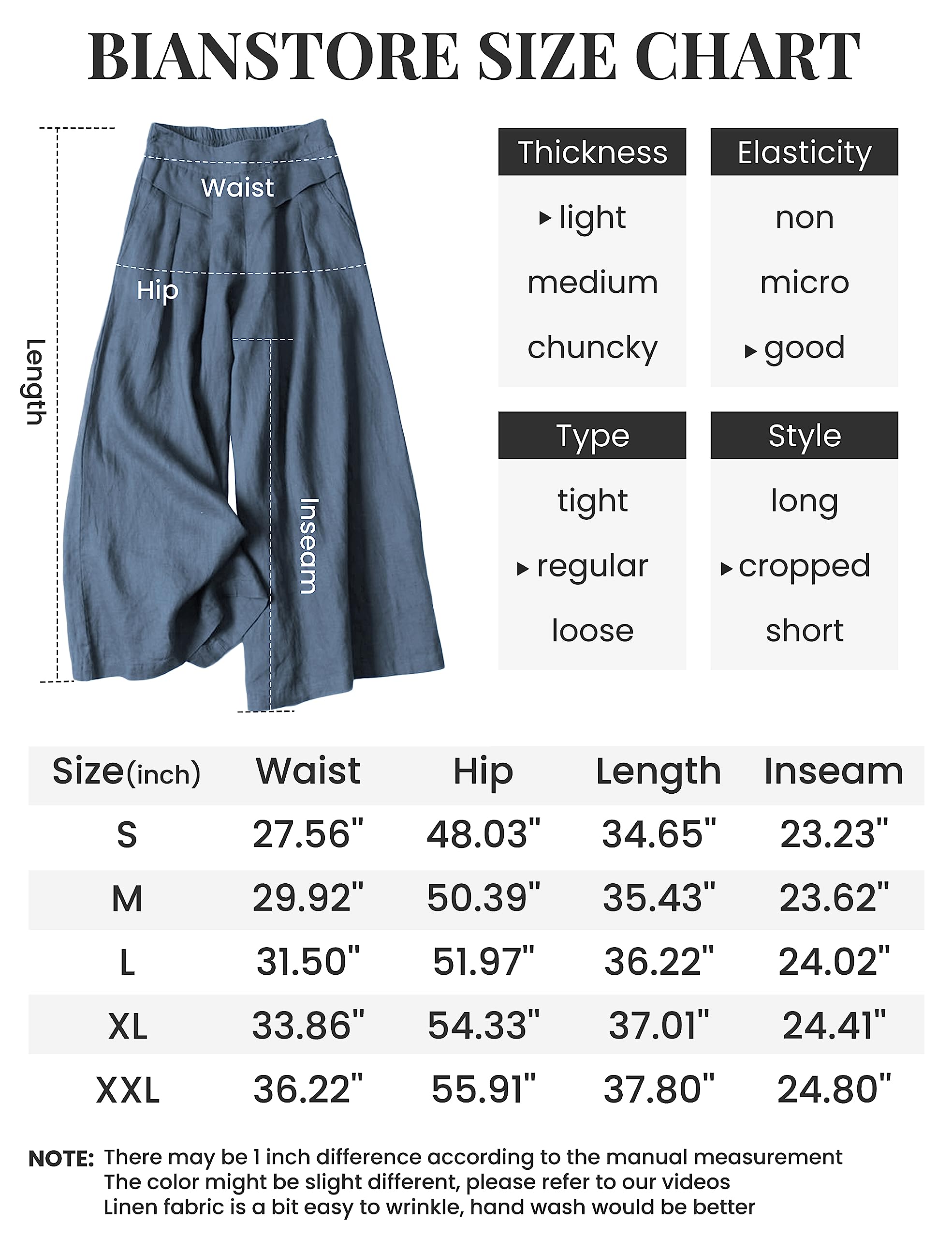 Bianstore Pantaloni da donna in lino, a gamba larga, con elastico in vita, casual, con tasche