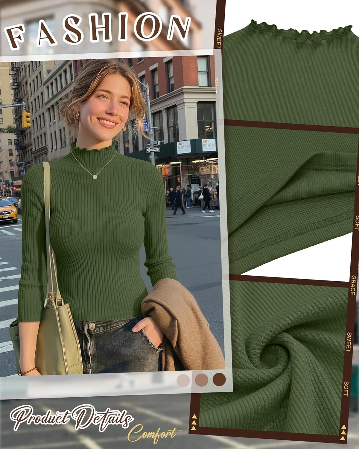 3 Pack Women's Cotton 3/4 Sleeve Mock Turtleneck Tops Lettuce Trim Ribbed Shirts Slim Fit Casual Basic Tees - Image 5