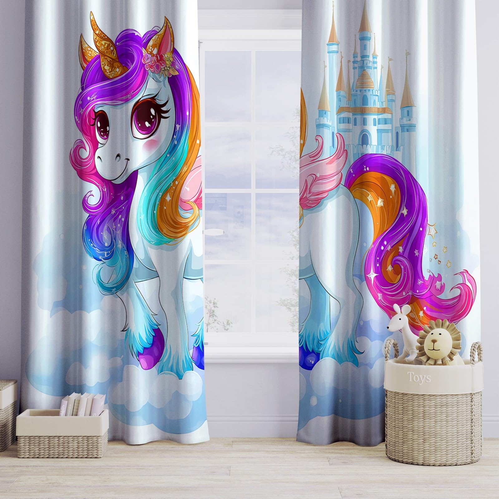 Lot De 2 Rideaux Occultant Licorne De Château De Dessin Animé Enfants Rideau à Oeillets Isolation Thermique, Blanc Salon Rideaux Occultants, pour Chambre Salon Maison Bureau L 91.5 X H 214 cm