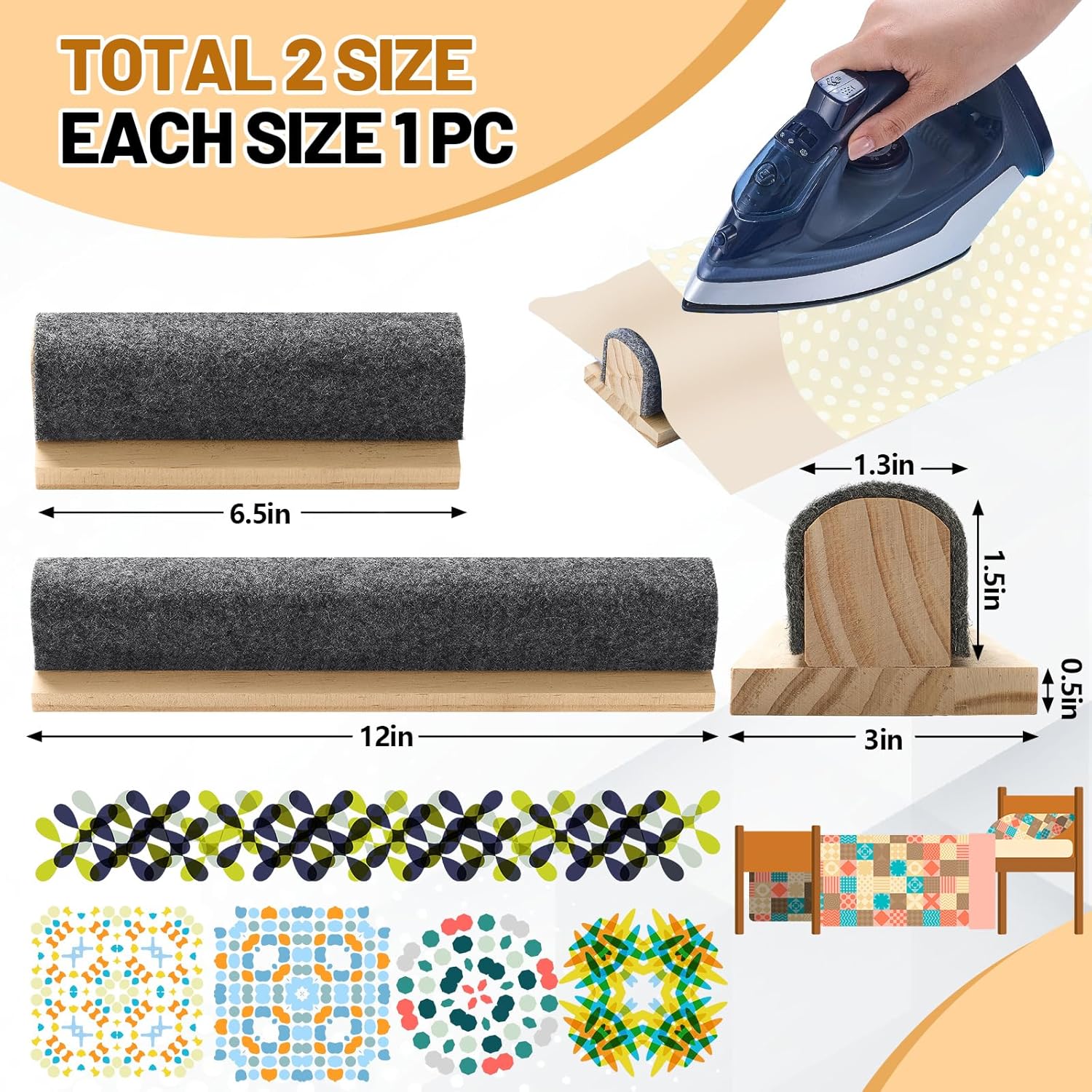 Threehoney 2 Size Tailors Clapper Pressing Bar with Clapper Wool Quilters 7 Inch, 12 Inch Professional Sewing Tool Wooden Tailors Tool for Sewing Quilting Ironing