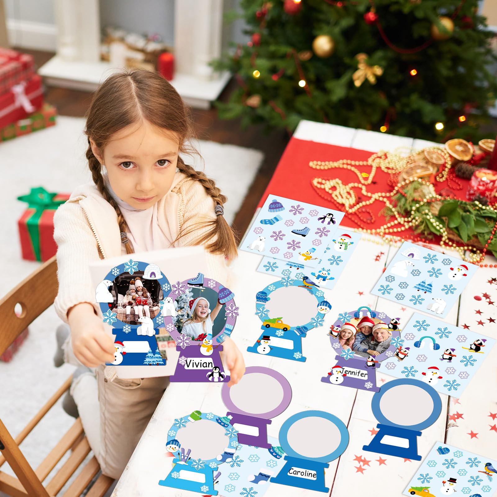 Qyeahkj Winter-Bastelsets, Schneekugel, DIY, Bilderrahmen, Basteln, Schneeflocke, Bilderrahmen, Schneemann, Aufkleber, Kunsthandwerk für Kinder, Geschenk, Weihnachten, Urlaub, Zuhause, Schule,