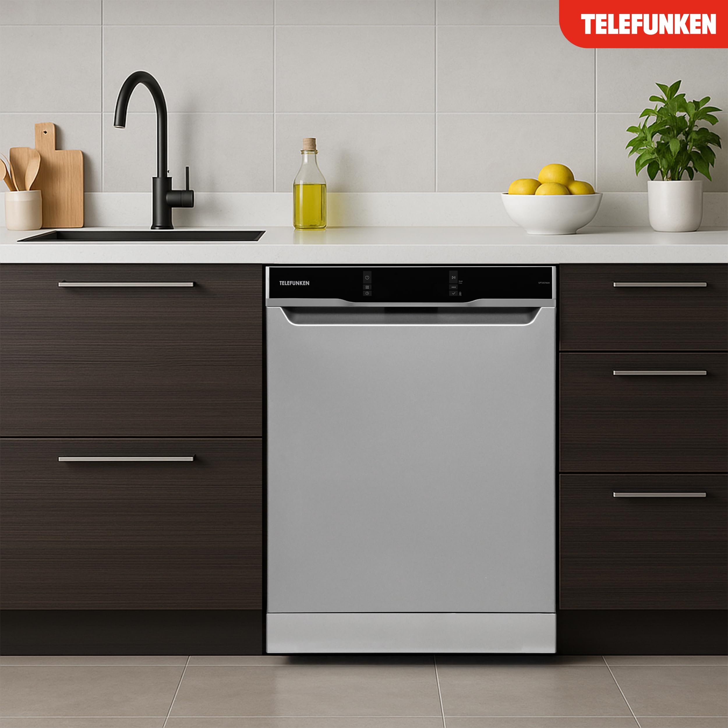 Telefunken Geschirrspüler 60 cm | Spülmaschine freistehend | 14 Maßgedecke | 9 Programme | AquaStop | EEK A | 44 dB | Startzeitvorwahl | Auto-Door | Unterbaufähig | Besteckkorb | Silber | GFS6014AI