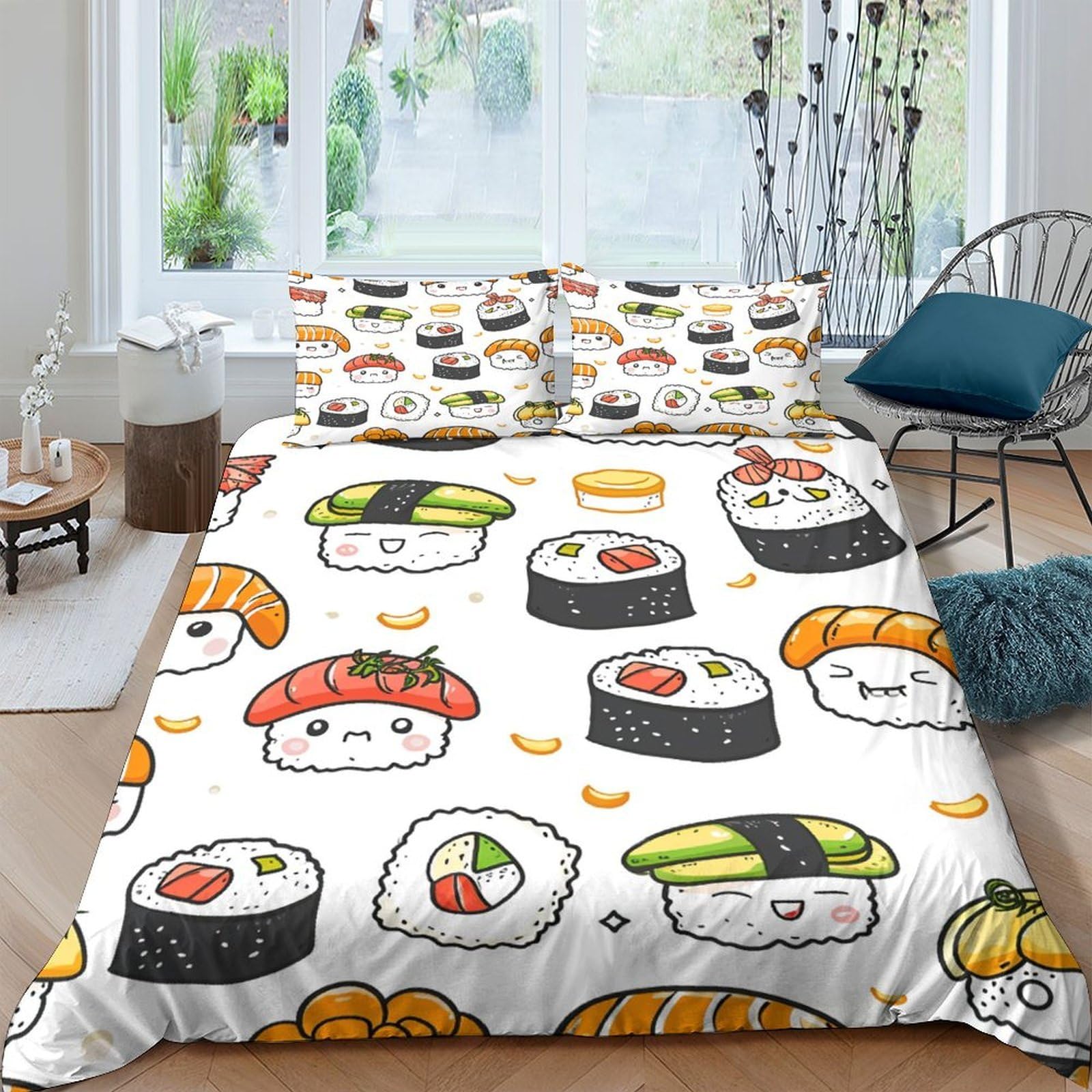 3D Breathable Microfibre Sushi designs Bed Quilt Cover Soft Bedding Set w/ Pillowcases Kawaii cartoon style Comforter Cover All Season Easy Care Machine Washable for Boys Girls Kids Single（140x200cm）