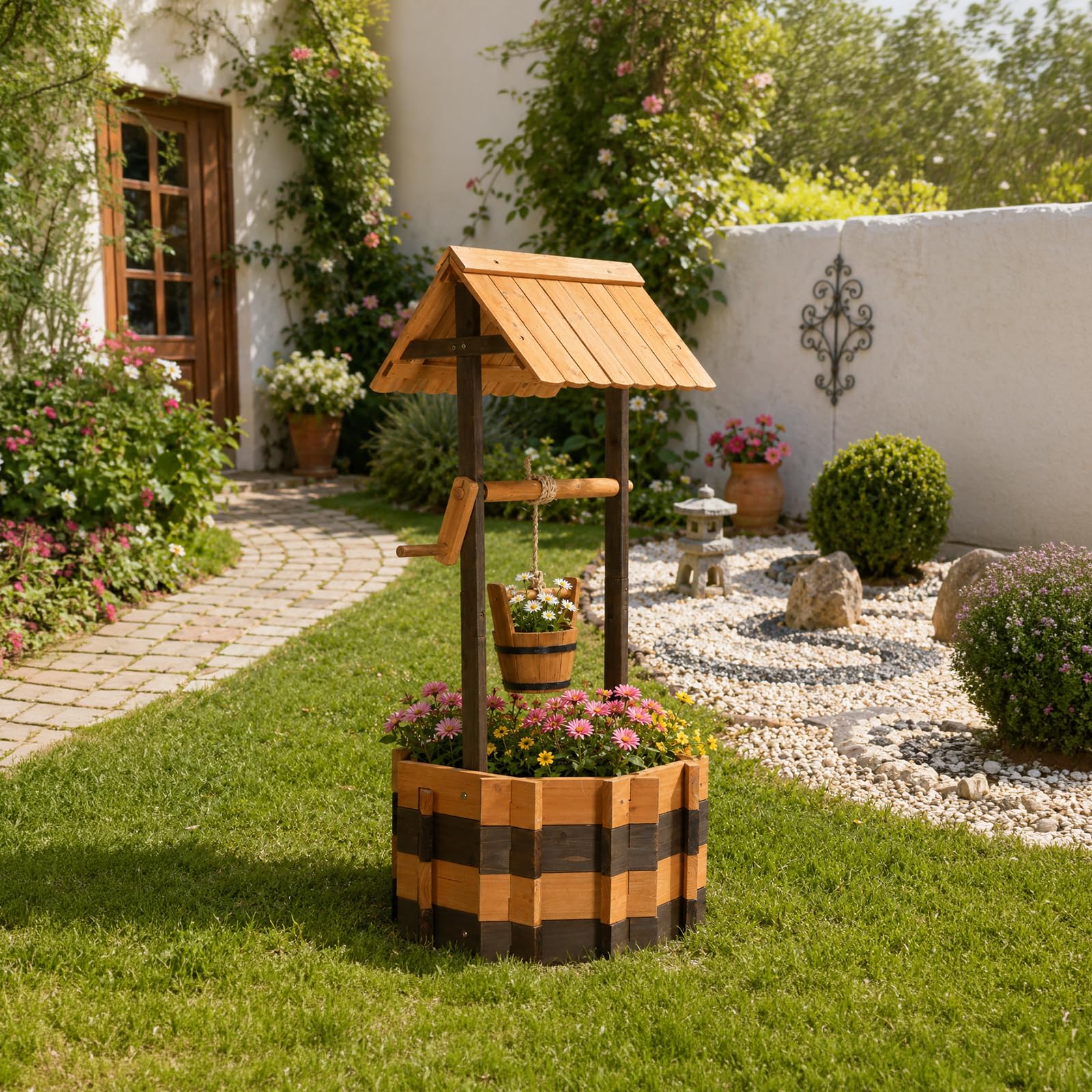 VINGLI Wooden Wishing Well Outdoor Planters, Well Covers for Yard with 4 Reinforced Rods, Height Adjustable Hanging Bucket, Rustic Flower Pot Decor for Outside Patio Garden (Two-Tone, 25" Width)