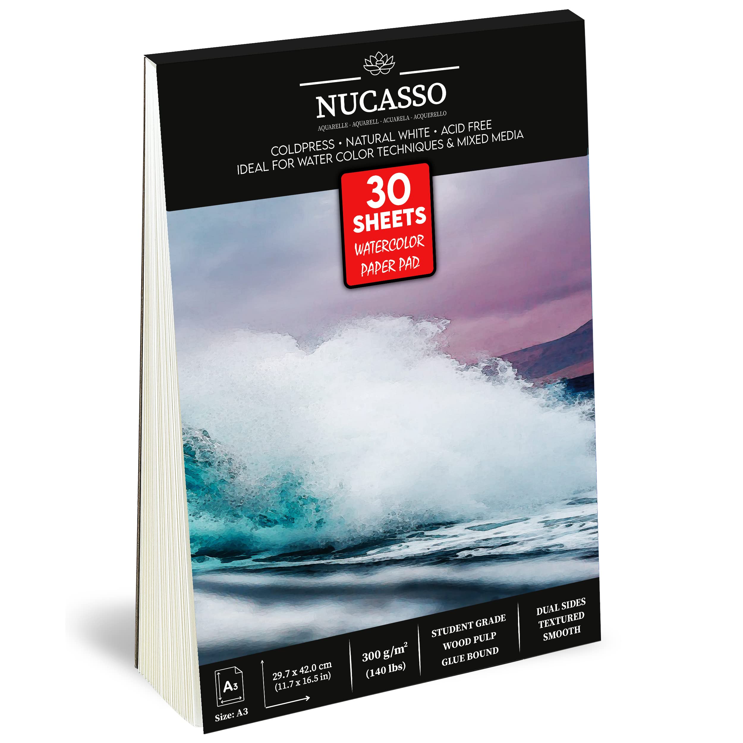 NUCASSO Watercolour Paper Pad A3 x 30 Sheets – Natural White 300 GSM Student Grade, Cold-Pressed, Glue Bound Water Colour Sketchbook for Wet, Dry & Mixed Media