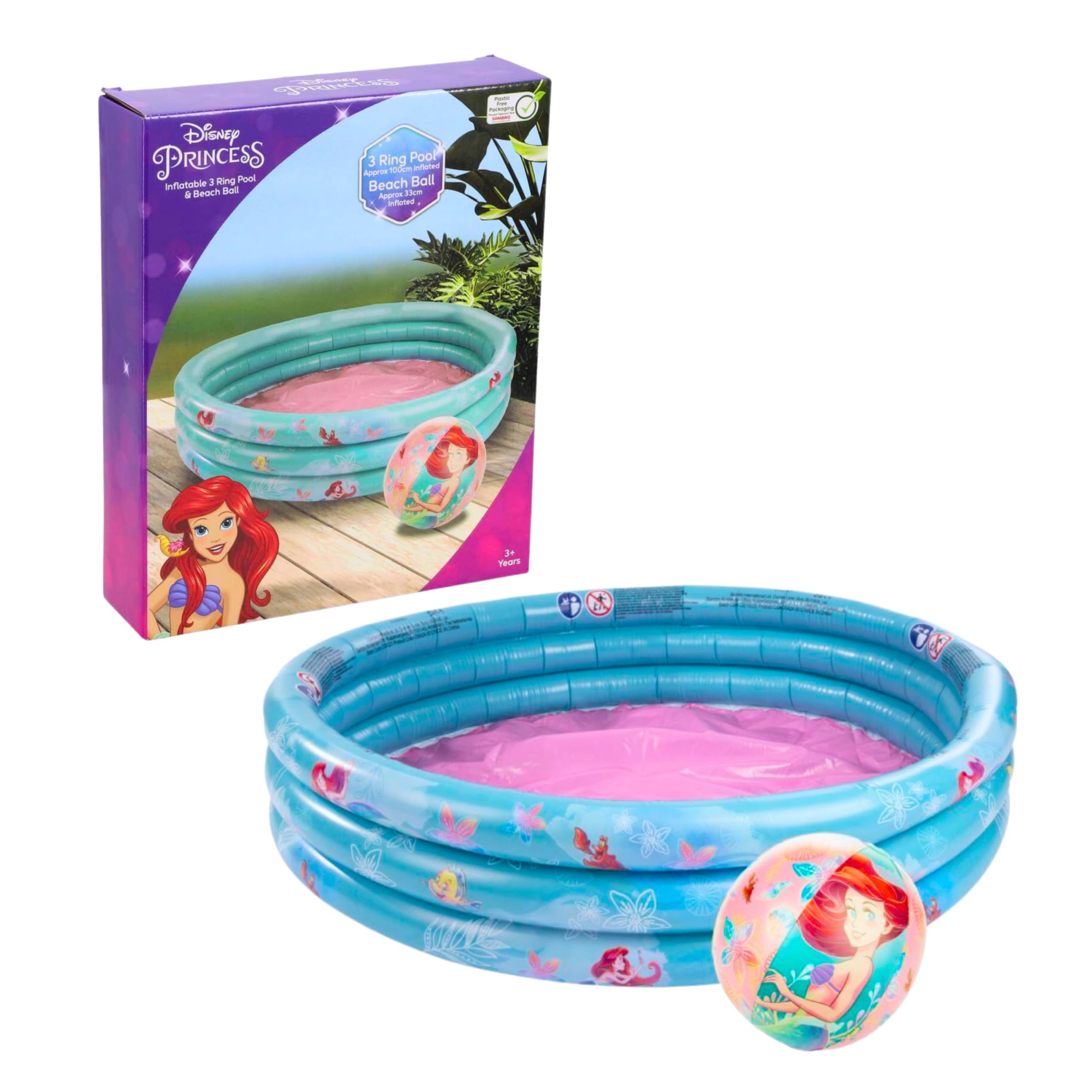 Disney Princesses Inflatable Pool, Ariel Sebastian Flounder Children's Pool, Round Multicolor, 100 CM