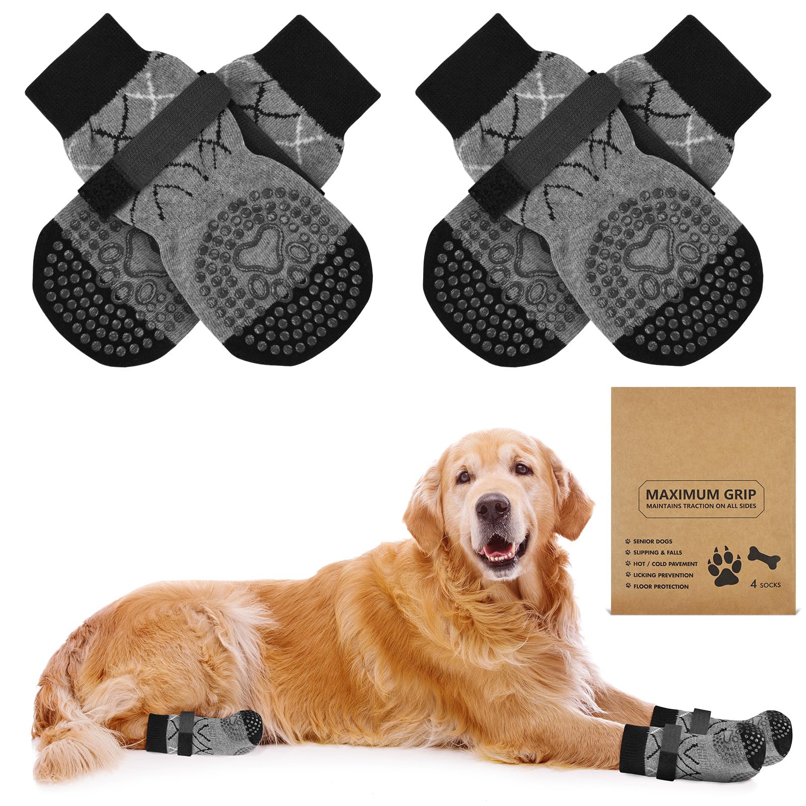 Adiwo 2 Paar Anti Rutsch Hundesocken, Doppelseitige Socken für Hunde mit Verstellbaren Riemen, Dog Socks, Hundeschuhe Pfotenschutz Outdoor Inneneinsatz, Geschenk zu Weihnachten, Neujahrsgeschenke, XS
