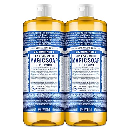 Dr. Bronner's Pure-Castile Magic Liquid Soap Made with Organic Oils Soap Liquid for Body, Face, Hair, Dishes, Pets, Laundry Natural, Vegan, Soap - Peppermint, 32 oz (2-Pack) - 32 Fl Oz (Pack of 2)