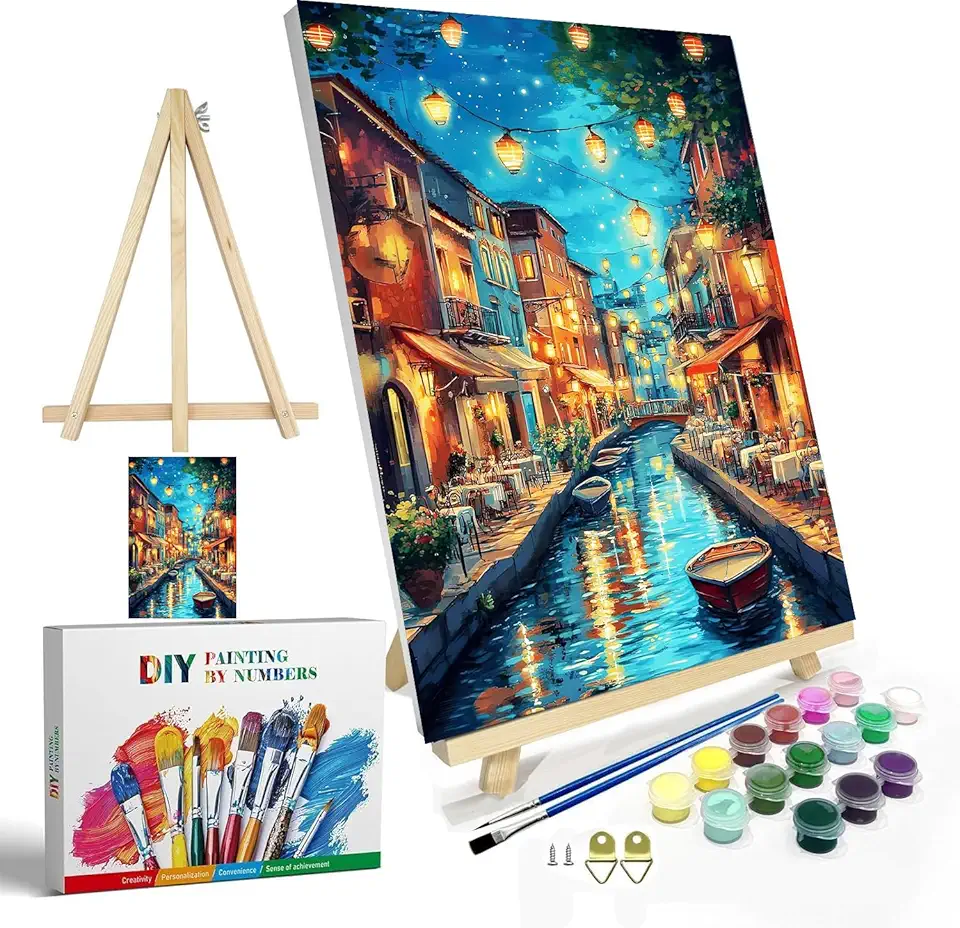 igoodom Kit de pintura de paisagem por números para adultos com moldura e cavalete, pintura acrílica DIY de 20 x 30 cm em tela com caixa, conjunto de tinta de rua de água por números para decoração de