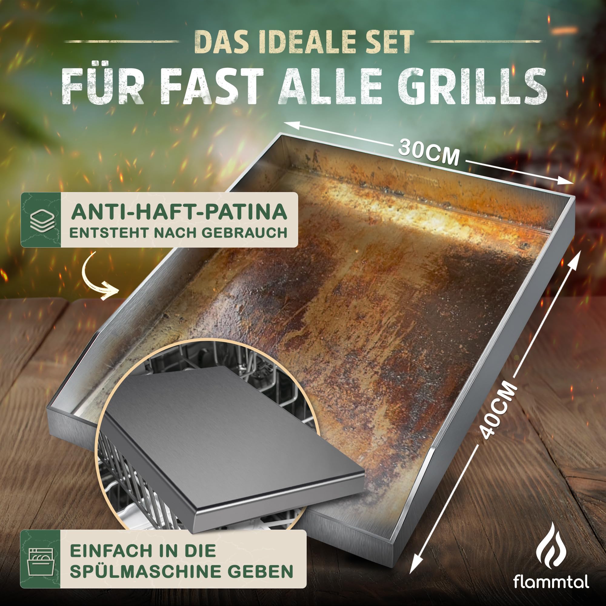 flammtal - Grillplatte aus 4mm rostfreiem Edelstahl [40 x 30cm] - Plancha mit Grillspachtel Set & Burgerpapier - passend für Gas- & Kohlegrill - auslaufsichere Ecken für sauberes Grillen
