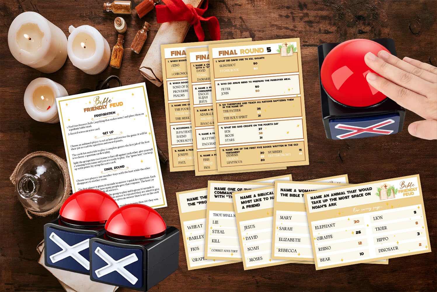 Feud biblico cristiano con due cicalini per adulti, gioco in stile faida familiare biblica, notte di gioco della chiesa, carte da gioco a quiz biblici con cicalini, per attività di gruppo della chiesa
