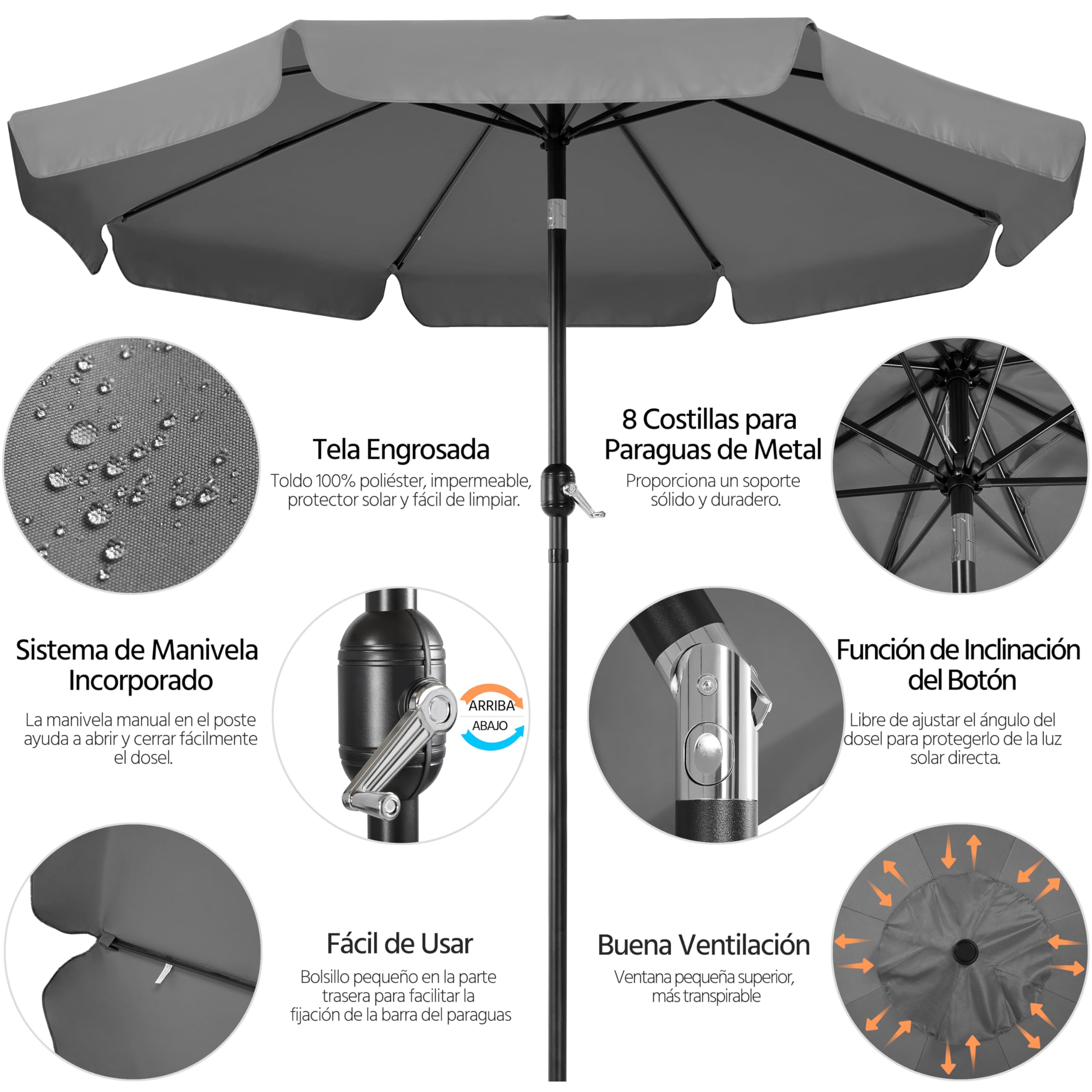 Yaheetech Sombrilla de Jardín Playa 267,5x240 cm con 8 Costillas Función de Inclinación y Manivela