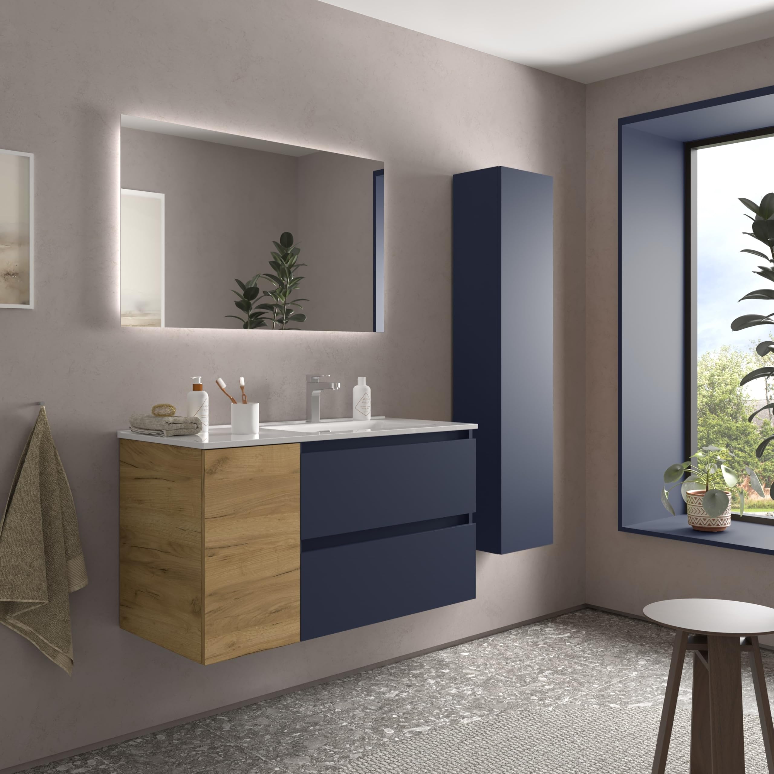 Salgar Mueble de Baño Bequia 100cm + Coqueta 1 Puerta Izquierda + Lavabo cerámica | Azul Mate/Roble |100x45x56