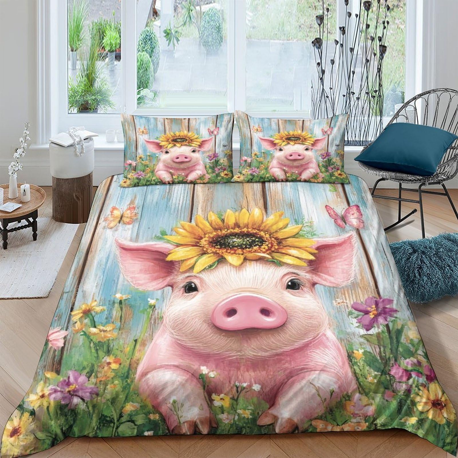 Ctjqhvkz Style-5 3D Printed Sunflower Pig Fitted Sheet Microfiber Soft Farm Animal Mattress Cover Bedroom Guest Room Decor Single（135X200cm）