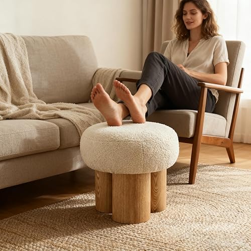Miniatura 5 de Taburete redondo para pies, reposapiés otomano pequeño de hongos, moderno puf boucle otomano, reposapiés de peluche para sofá, cómodo reposapiés