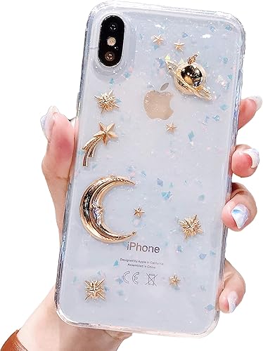 Funda para iPhone Xs Max con purpurina de planeta brillante con espacio brillante, luna, estrella, universo, TPU suave, silicona a prueba de golpes,