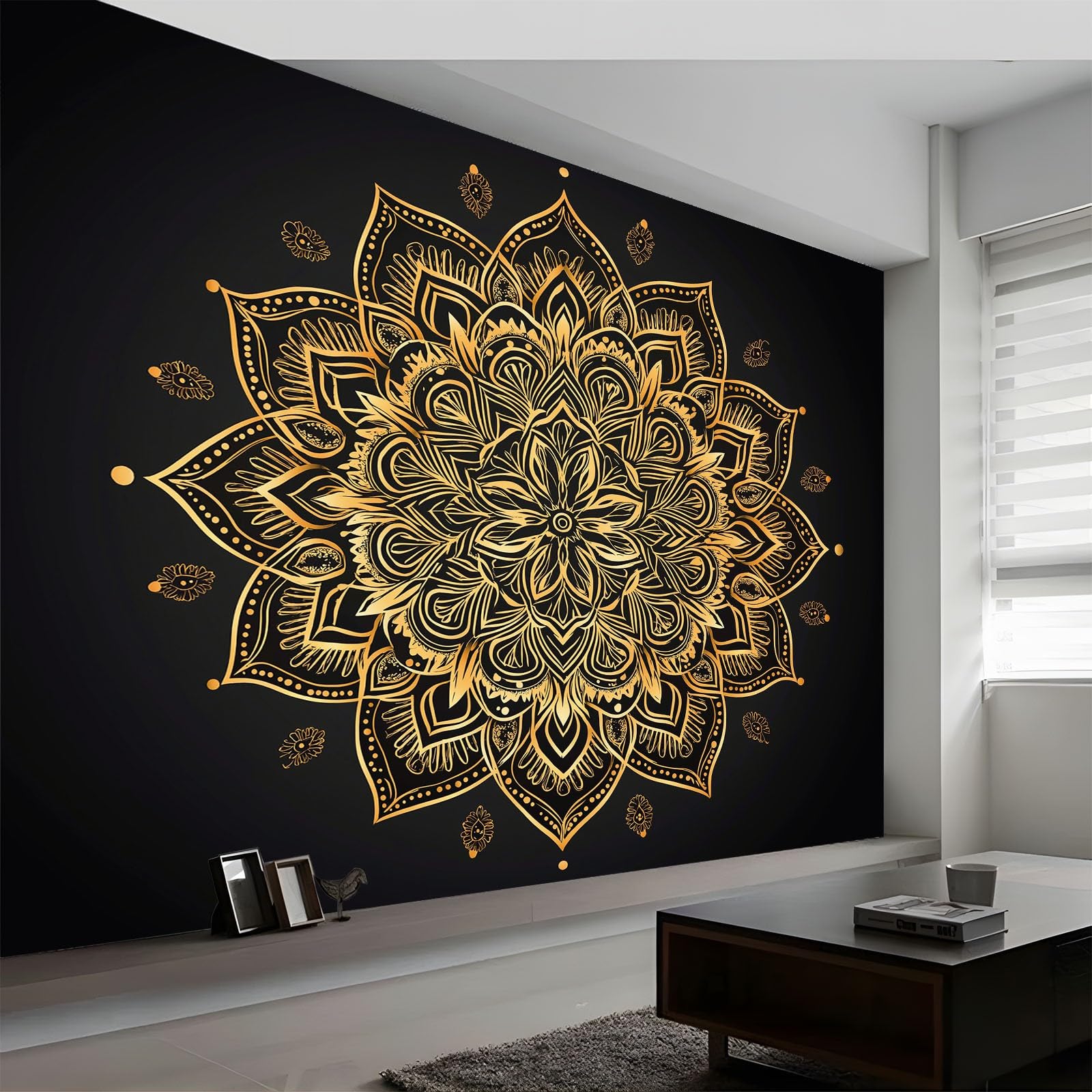 400 x 280 cm, tapeta z włókniny, efekt 3D, tradycyjna, geometryczna, mandala, fototapety, do salonu, sypialni, tapeta ścienna, czarna