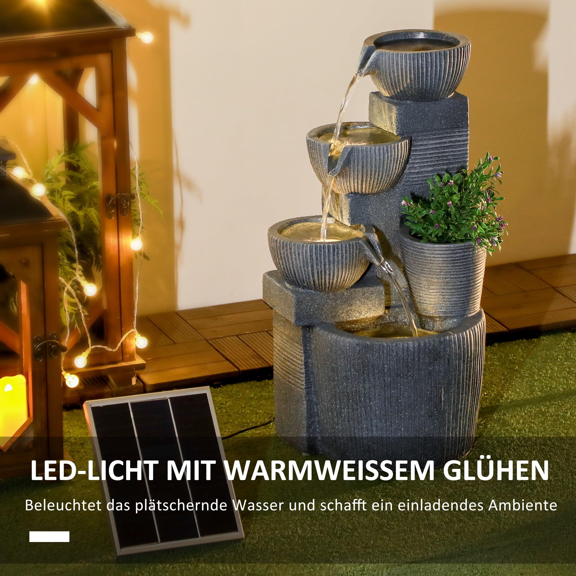 Outsunny Springbrunnen aus Kunstharz Outdoor Gartenbrunnen mit LED Beleuchtung 4 Stufen Steinoptik Pumpe Dekorationsbecken Zimmerbrunnen Zierbrunnen für Garten Rasen 31x27x57 cm Grau
