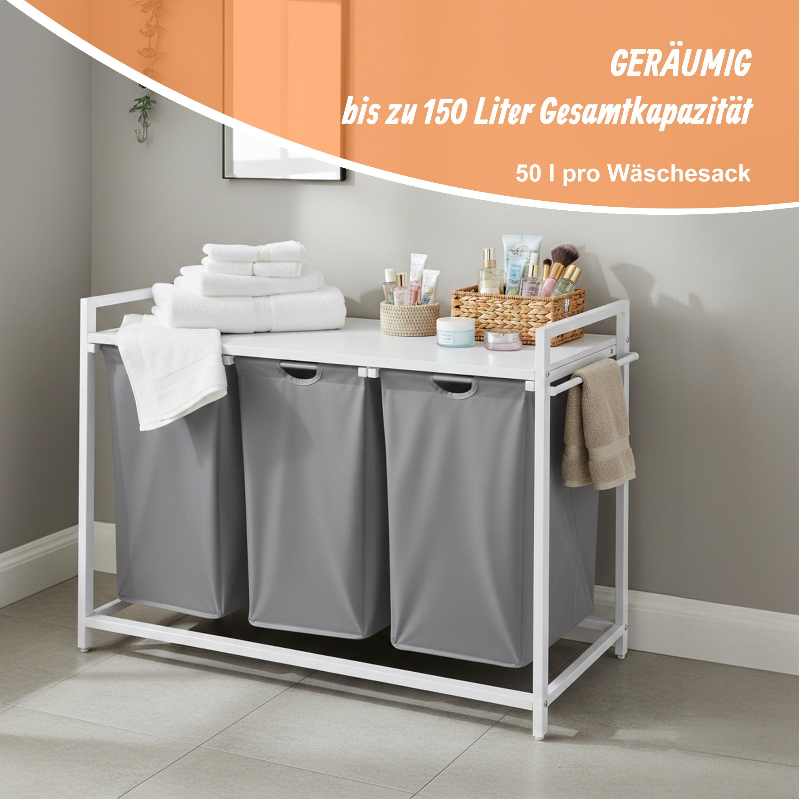 Relaxdays Wäschesammler mit 3 Wäschesäcke, 150 L, Holzoptik Ablage, HBT: 73,5 x 109,5 x 33 cm, Wäschekorb, grau/weiß