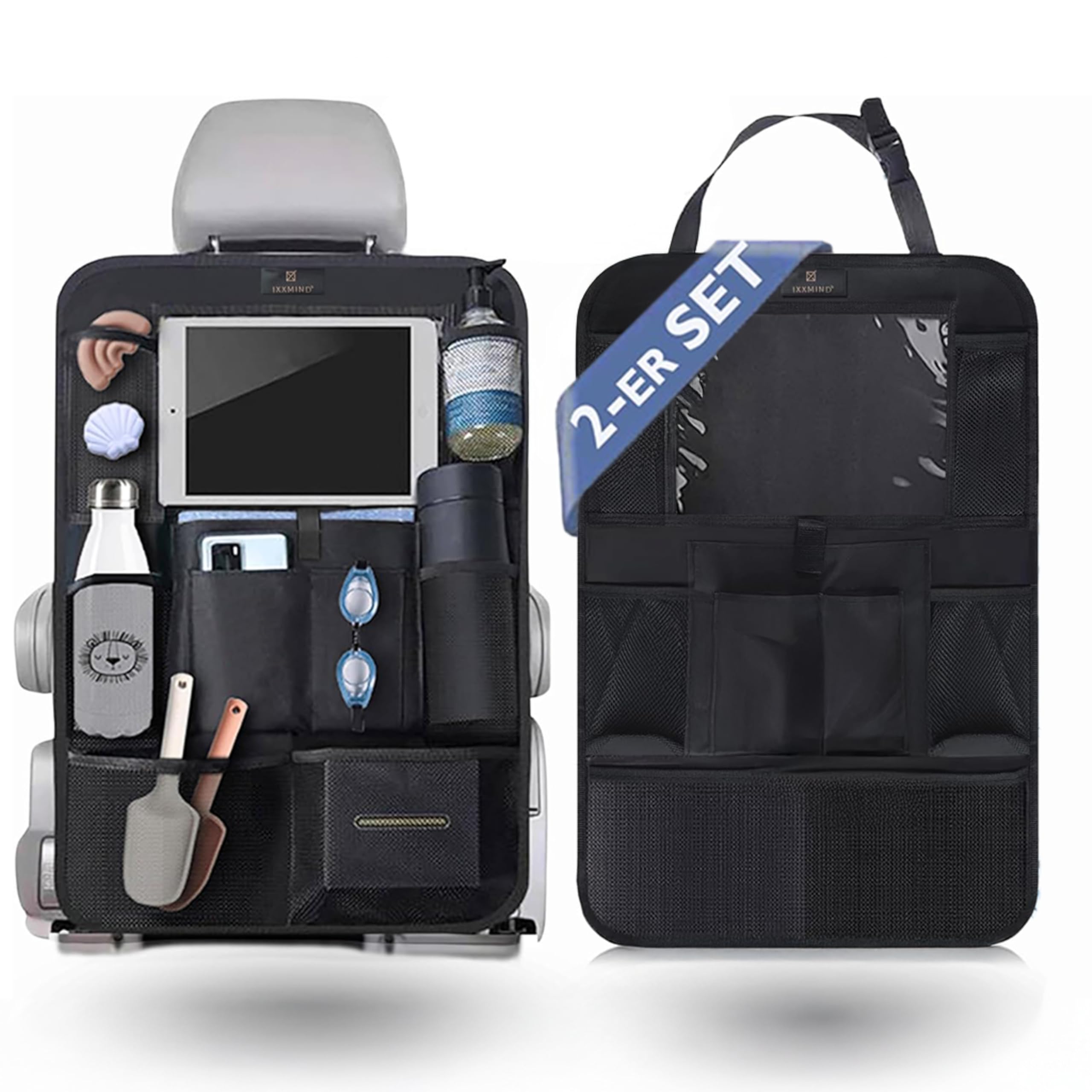 IXXMIND 2 Stück Auto Rückenlehnen-Organizer & Sitzschutz – Wasserdichter Rückenlehnen-Schutz mit Tablet-Halter, Extra-Viel Stauraum, Universelle Passform, – Ideal für Kinder & Familien