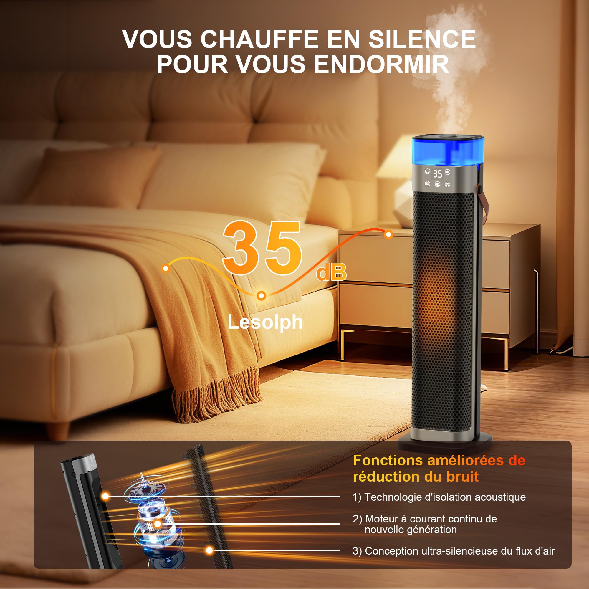Chauffage électrique à faible consommation 2000 W PTC avec humidification, télécommande, 75 ° oscillation, 3 éclairage ambiant, ECO, minuterie 12H, protection contre la surchauffe et le basculement