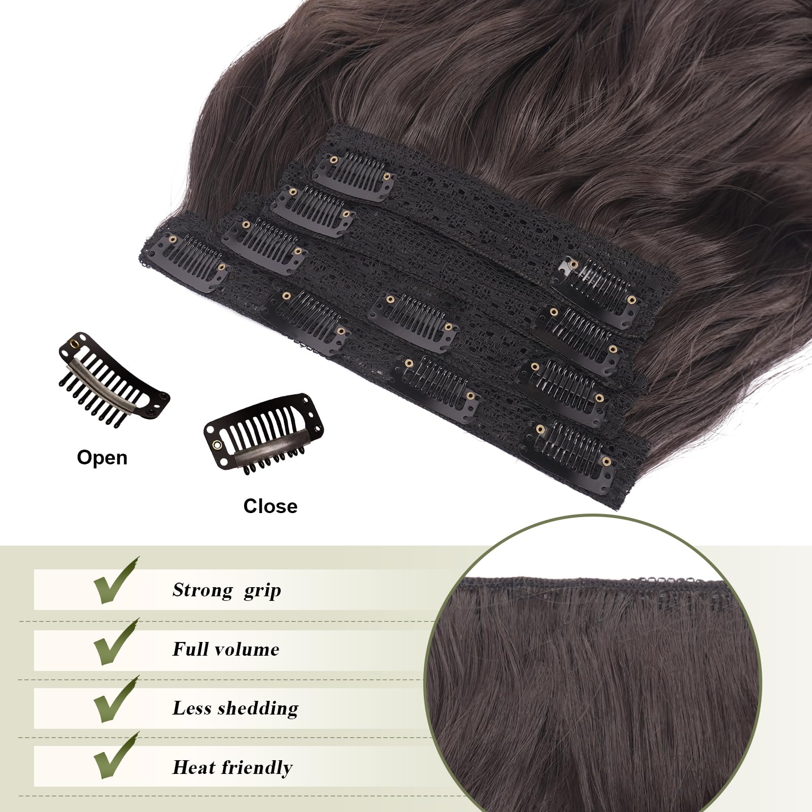 FESHFEN Clip in Hair Extensions 4PCs Long Wavy Thick Hair Piece Highlighted Full Head Synthetic Natural Curly Dark Brown Extension for Women 16 Inch - Image 4