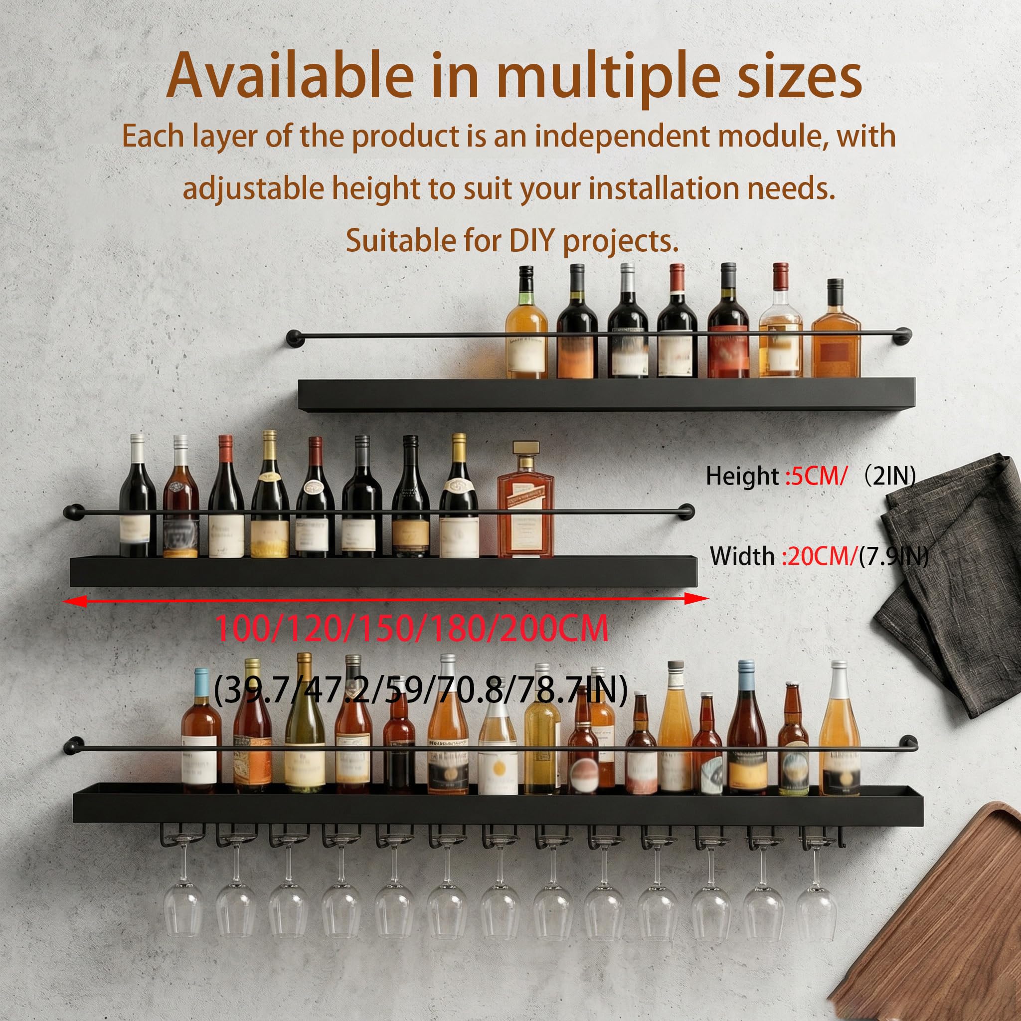 Alkmla180CM Estante Metálico de Vinos de Pared con Luces LED,Negro