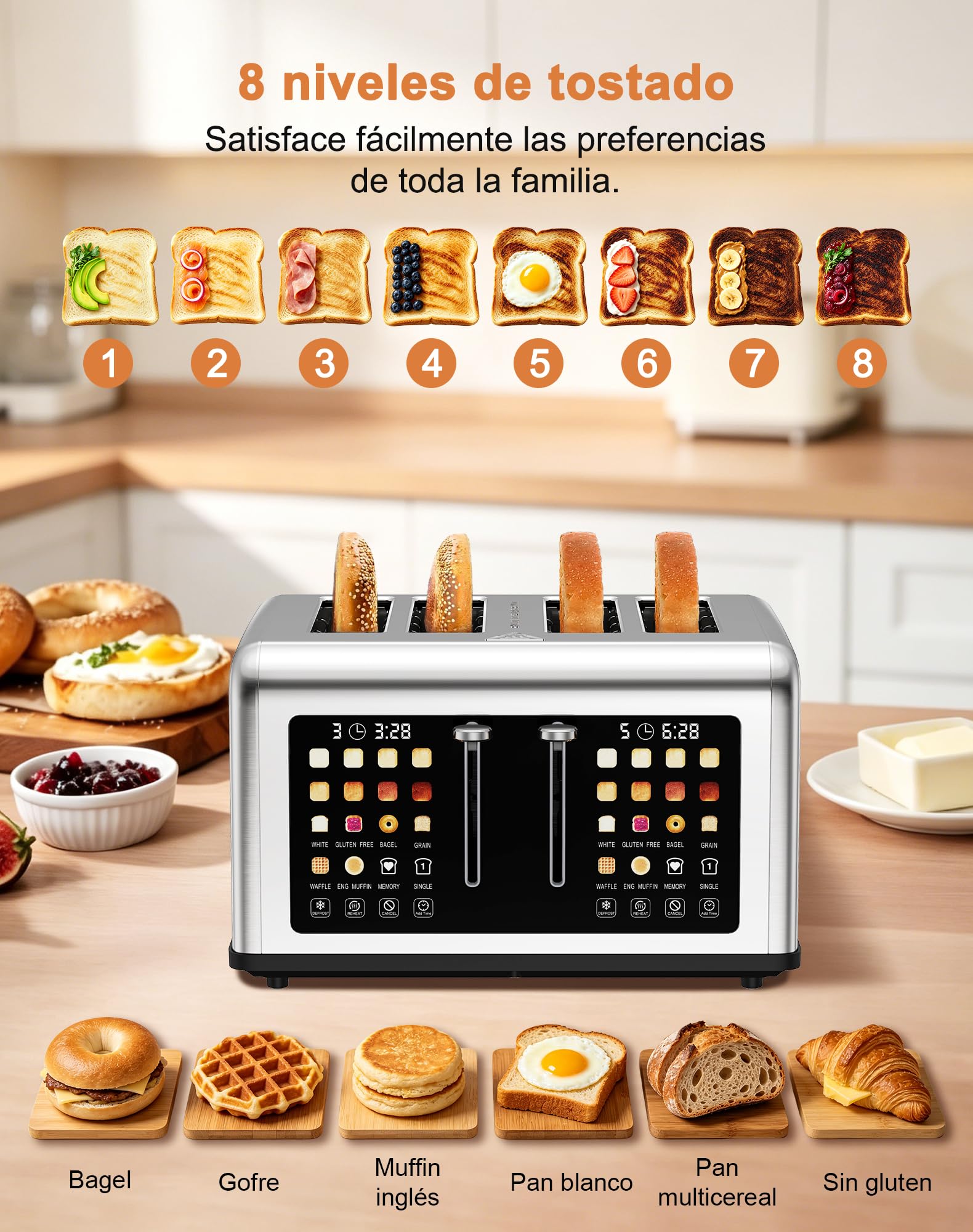 Tostadora de 4 Ranuras, Pantalla Táctil, 8 Niveles de Tostado, 6 Programas de Pan, Función Descongelar y Recalentar, Acero Inoxidable para Bagel Muffin Gofre, 1760 W
