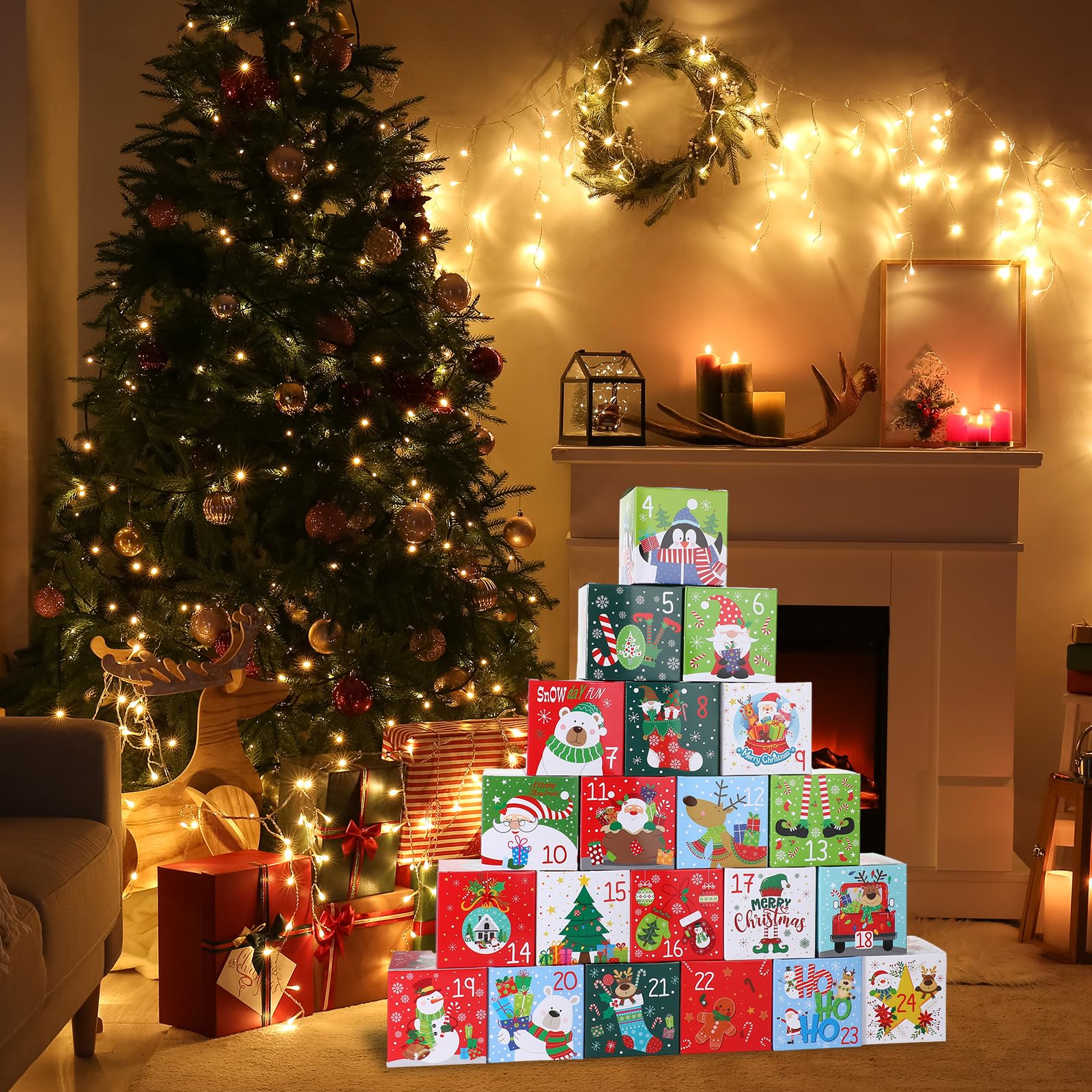 Sliner 120 Stück kleine Weihnachts-Adventskalender-Box, Weihnachts-Adventskalender 2023, Countdown-Geschenkboxen mit 24 Stück Muster-Design, leere Mini-Boxen für Gastgeschenke, Kinder, Urlaub, Kekse