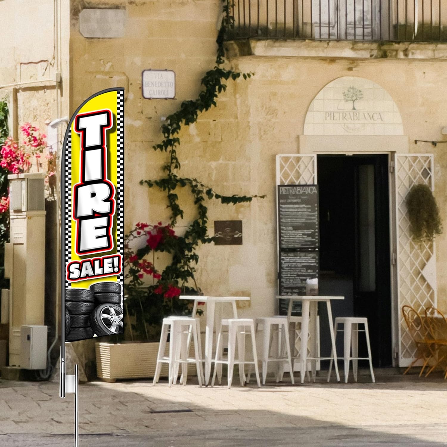 Tire Sale Flag Banner - 11.5x2.5 Ft Advertising Swooper Flag for Outdoor Business and Events Promotion - Tire Sale Signs Windless Full Sleeve Banner for Restaurants, Diners, Markets