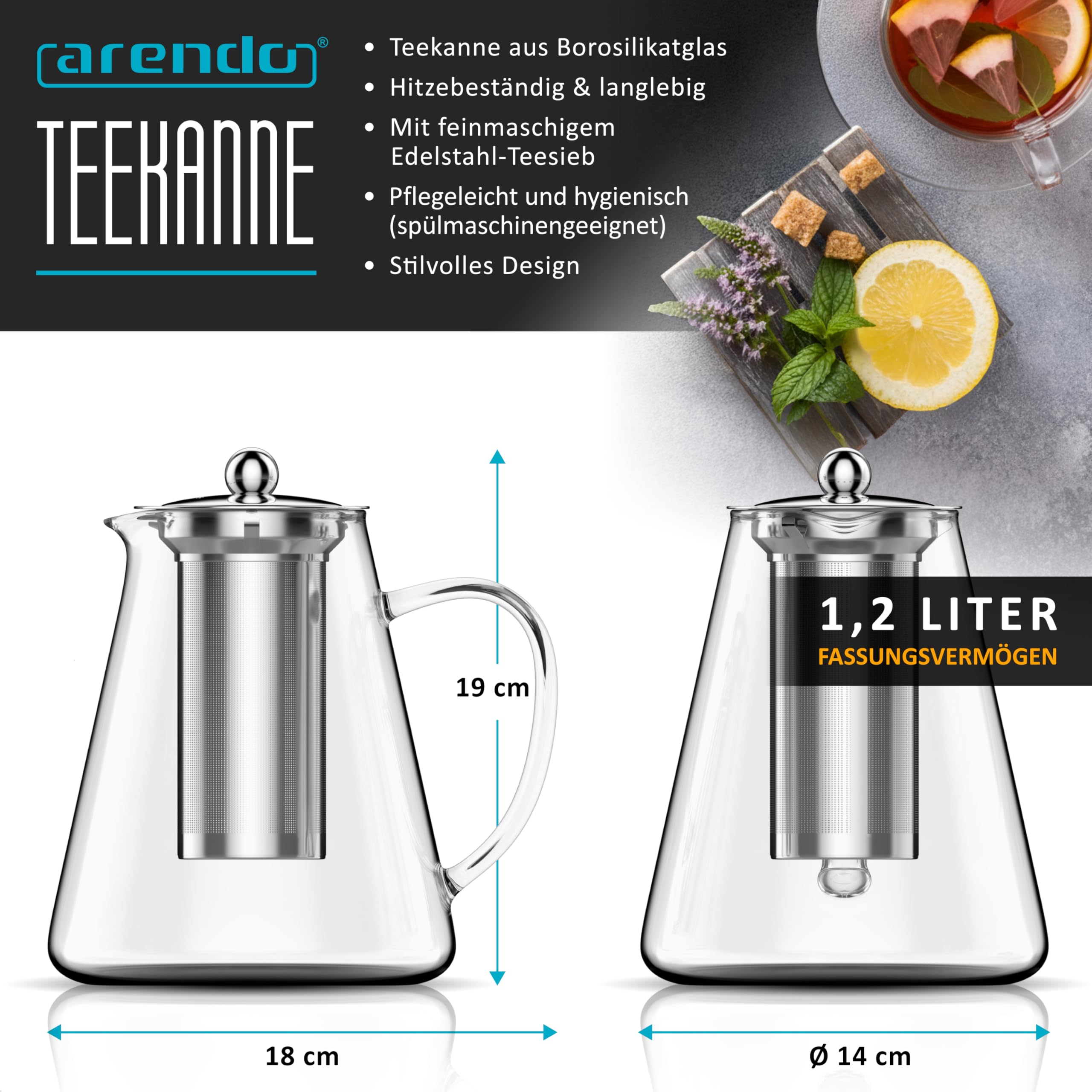 Arendo - Teekanne Glas mit Sieb - 1200 ml – aus Borosilikatglas – mit Edelstahlsieb – feinmaschig – hitzebeständig – Glasteekanne – für losen Tee Kräutertee Früchtetee – Teekocher – langlebig – feinma