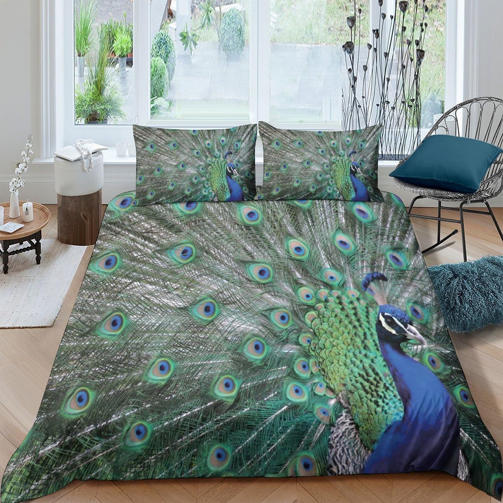 Ctjqhvkz Style-2 3D Printed Peacock Feather Fitted Sheet Microfiber Soft Green Blue Plumage Bed Cover Anti-Slip Machine Washable For Bedroom Home Decor Single（135X200cm）