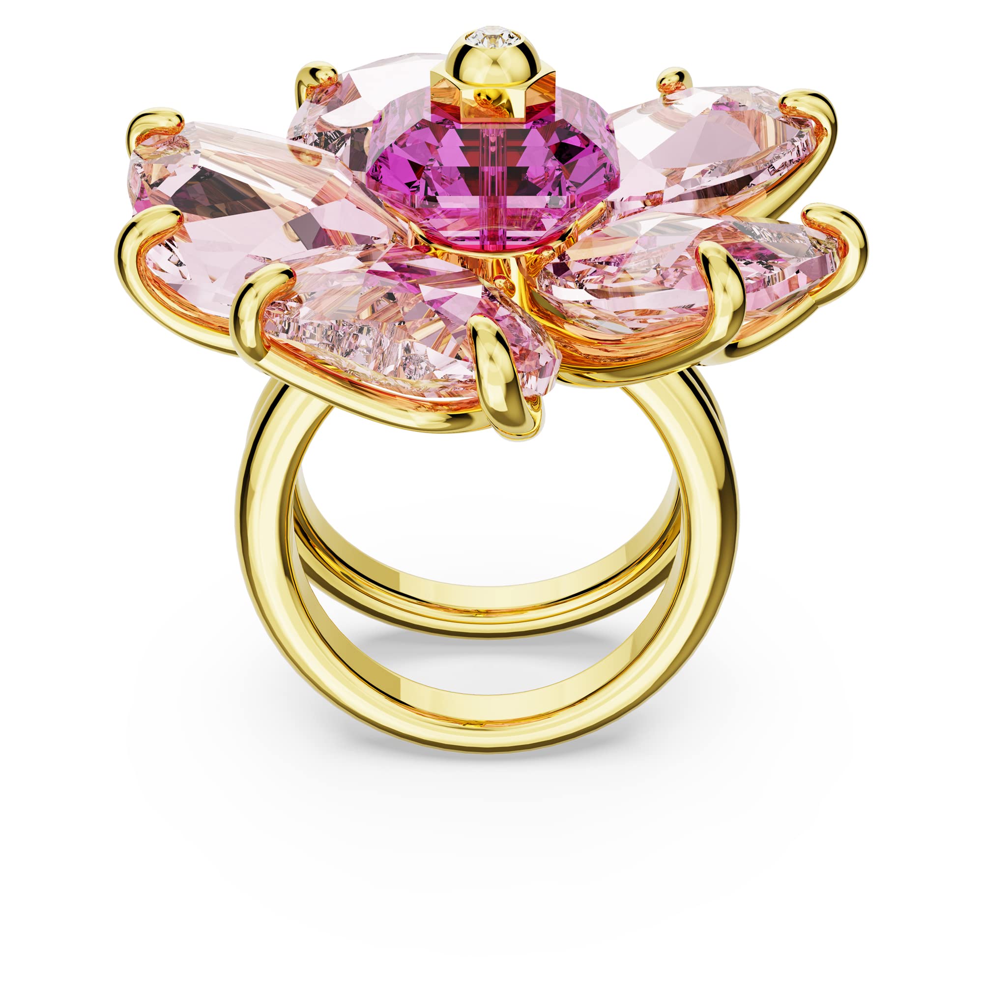 Swarovski Idyllia Kolekcja pierścionek koktajlowy, różowy motyw kryształowy szlif płatkowy z białą cyrkonią w oprawie w odcieniu złota