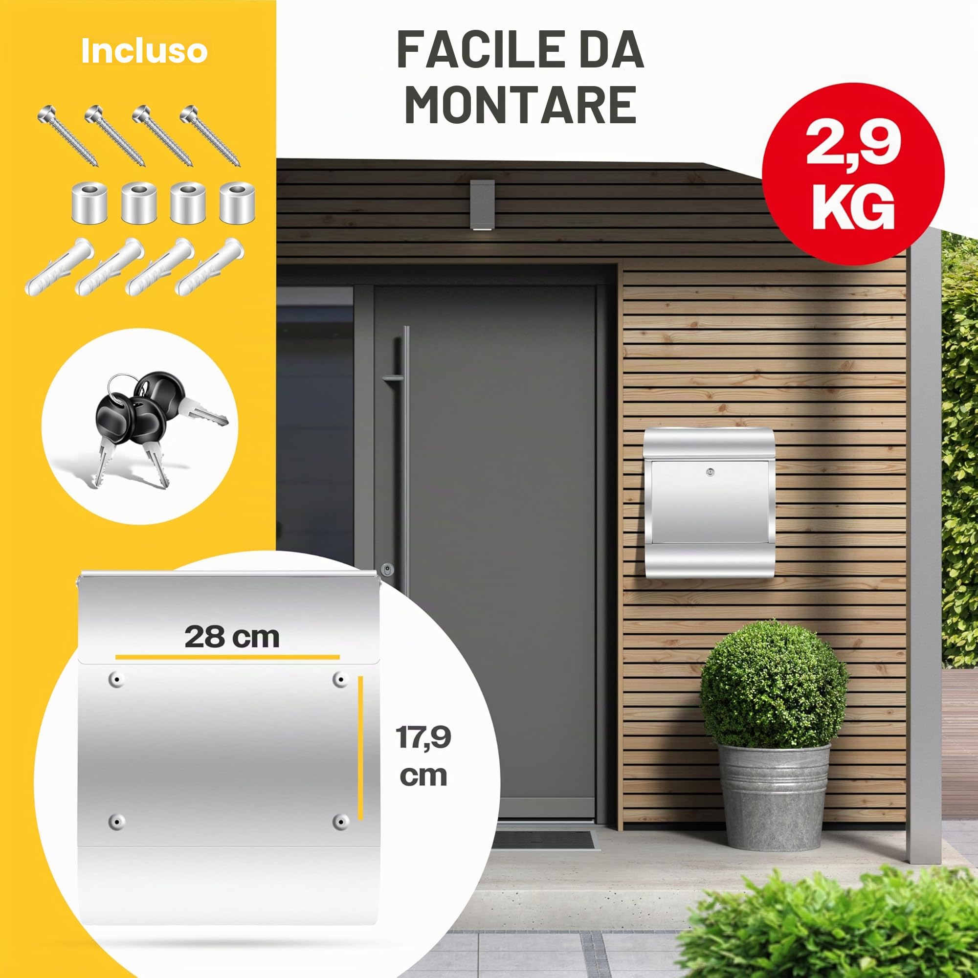 KESSER® Cassetta della Posta XXL in acciaio inox spazzolato con Scomparto per Giornali, 3x Chiudibile a chiave, Verniciata a polvere, Montaggio a parete, Ampia fessura frontale, Argento