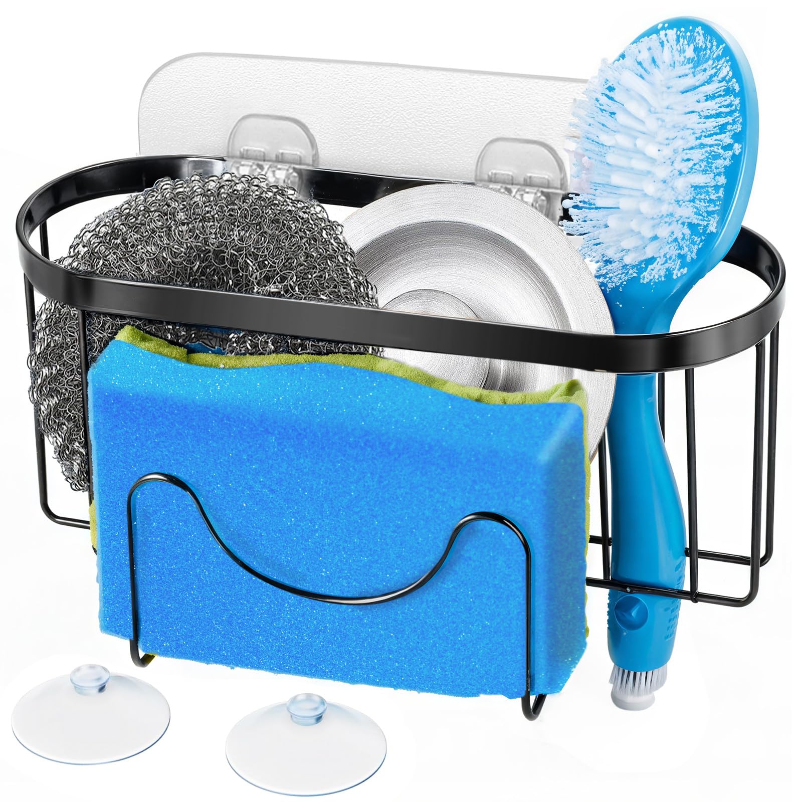 Sponge Holder for Kitchen Sink, 3-in-1 Kitchen Sink Caddy Dish Sponge Holder With Suction Cup, SUS304 Stainless Steel Hanging Sink Organizer Kitchen Accessories for Place Basket Brush, Black